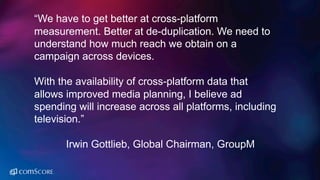©  comScore,  Inc.  Proprietary. 24
“We  have  to  get  better  at  cross-­platform  
measurement.  Better  at  de-­duplication.  We  need  to  
understand  how  much  reach  we  obtain  on  a  
campaign  across  devices.
With  the  availability  of  cross-­platform  data  that  
allows  improved  media  planning,  I  believe  ad  
spending  will  increase  across  all  platforms,  including  
television.”
Irwin  Gottlieb,  Global  Chairman,  GroupM
 