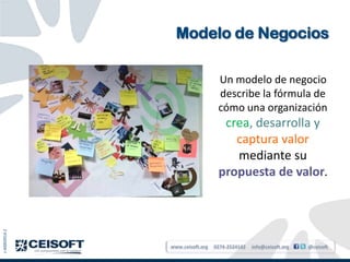 Modelo de Negocios

                                  Un modelo de negocio
                                  describe la fórmula de
                                  cómo una organización
                                   crea, desarrolla y
                                     captura valor
                                     mediante su
                                  propuesta de valor.
J-40003914-2




               www.ceisoft.org   0274-2524142   info@ceisoft.org   @ceisoft
 