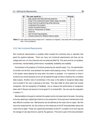 5.3. Deﬁning the Requirements 23
ID The user wants to ... Priority
1 ... play, pause and stop dancing sessions. 3
2 ... know if he is doing the basic Salsa steps correctly. 3
3 ... know how he is performing while dancing. 3
4 ... understand the system. 2
5 ... review his performance. 2
6 ... have an introduction to Salsa. 2
7 ... have fun. 1
8 ... see his learning progress. 1
9 ... choose trainers for different dance styles 1
Table 5.1: Use cases with priority values from 1 (lowest) to 3 (highest). Use cases with a priority greater
than 1 are considered.
5.3.2 Non functional Requirements
Non functional requirements or qualities either exceed the functional ones or describe how
good the systems behaves. There are many non functional requirements and they can be
categorized into run time (internal) and not (external) [Wie13]. This work aims for six qualities:
correctness, maintainability, performance, reuseability, scalability and usability.
Correctness is the property of functions producing the wanted output. E.g. the speciﬁcation
of a button can be that, once pressed, the system starts playing a song. The function is correct
if the system starts playing the song when the button is pressed. It is important to know if
functions are correct because errors can be passed through functions resulting into cumulative
false outputs. Another view of correctness in this case, is the ability to recognize Salsa steps
and to predict if the user is dancing to the beat. This also holds for other tasks that include
recognition, like the recognition of feedback. Let us measure the performance of recognition
tasks with F-Scores and assume it to be good if it is at least 80%. You can see the evaluation
in section 7.1.
Maintainability is the goal to maintain the system and to not loose track of its state. Correcting
errors by repairing or replacing functions is one component. Ensuring future maintenance to be
less difﬁcult is another one. Maintenance can be deﬁned as the mean time to repair. But this
has to be measured ﬁrst. So, let us focus on the measures of the DT that potentially reduce the
mean time to repair. These are a good documentation of the DT, a creation of an error log and
the storage of raw clips that are used for the gestures. This work is part of the documentation
 