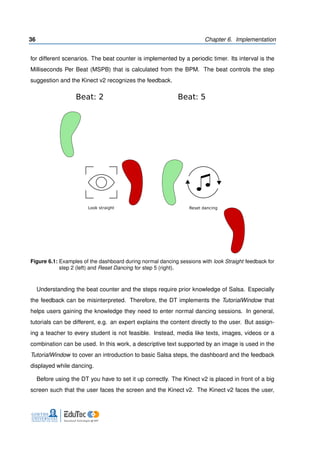 36 Chapter 6. Implementation
for different scenarios. The beat counter is implemented by a periodic timer. Its interval is the
Milliseconds Per Beat (MSPB) that is calculated from the BPM. The beat controls the step
suggestion and the Kinect v2 recognizes the feedback.
Beat: 2 Beat: 5
Reset dancingLook straight
Figure 6.1: Examples of the dashboard during normal dancing sessions with look Straight feedback for
step 2 (left) and Reset Dancing for step 5 (right).
Understanding the beat counter and the steps require prior knowledge of Salsa. Especially
the feedback can be misinterpreted. Therefore, the DT implements the TutorialWindow that
helps users gaining the knowledge they need to enter normal dancing sessions. In general,
tutorials can be different, e.g. an expert explains the content directly to the user. But assign-
ing a teacher to every student is not feasible. Instead, media like texts, images, videos or a
combination can be used. In this work, a descriptive text supported by an image is used in the
TutorialWindow to cover an introduction to basic Salsa steps, the dashboard and the feedback
displayed while dancing.
Before using the DT you have to set it up correctly. The Kinect v2 is placed in front of a big
screen such that the user faces the screen and the Kinect v2. The Kinect v2 faces the user,
 