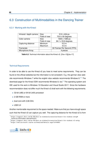46 Chapter 6. Implementation
6.3 Construction of Multimodalities in the Dancing Trainer
6.3.1 Working with the Kinect
Infrared / depth camera Size 512 x 424 px
Field of view 70.6 x 60 degrees
Color camera Size 1920 x 1080 px
Field of view 84.1 x 53.8 degrees
Capturing distance Minimum 0.5 m
Maximum 4.5 m
Framerate 30 Frames Per Second (FPS)
Microphone Array 4 pieces
Table 6.2: Technical information about the Kinect v2. [Fan+15][Jia+17]
Technical Requirements
In order to be able to use the Kinect v2 you have to meet some requirements. They can be
found on the ofﬁcial websites but the information is not consistent. E.g. the german xbox web-
site recommends Windows 7 while the english xbox website recommends Windows 8.12 The
download page for the Kinect SDK recommends Windows 8, too.3 The operating system and
IDE used for this work is Windows 10 Education and Visual Studio 2017. Since the hardware
recommendation does not differ much the Kinect v2 shall work with the following requirements:
• 32-bit (x86) or 64-bit (x64) processor
• 2 GB RAM or more
• dual core with 2,66 GHz
• USB 3.0
Another mentionable requirement is the space needed. Make sure that you have enough space
such that the Kinect v2 can capture you well. The capturing distance for the Kinect v2 is from
1
https://support.xbox.com/de-DE/xbox-on-windows/accessories/kinect-for-windows-setup#
1b54b150c26247ddbb1cd8eed876f879
2
https://support.xbox.com/en-US/xbox-on-windows/accessories/kinect-for-windows-v2-setup
3
https://www.microsoft.com/en-us/download/details.aspx?id=44561
 