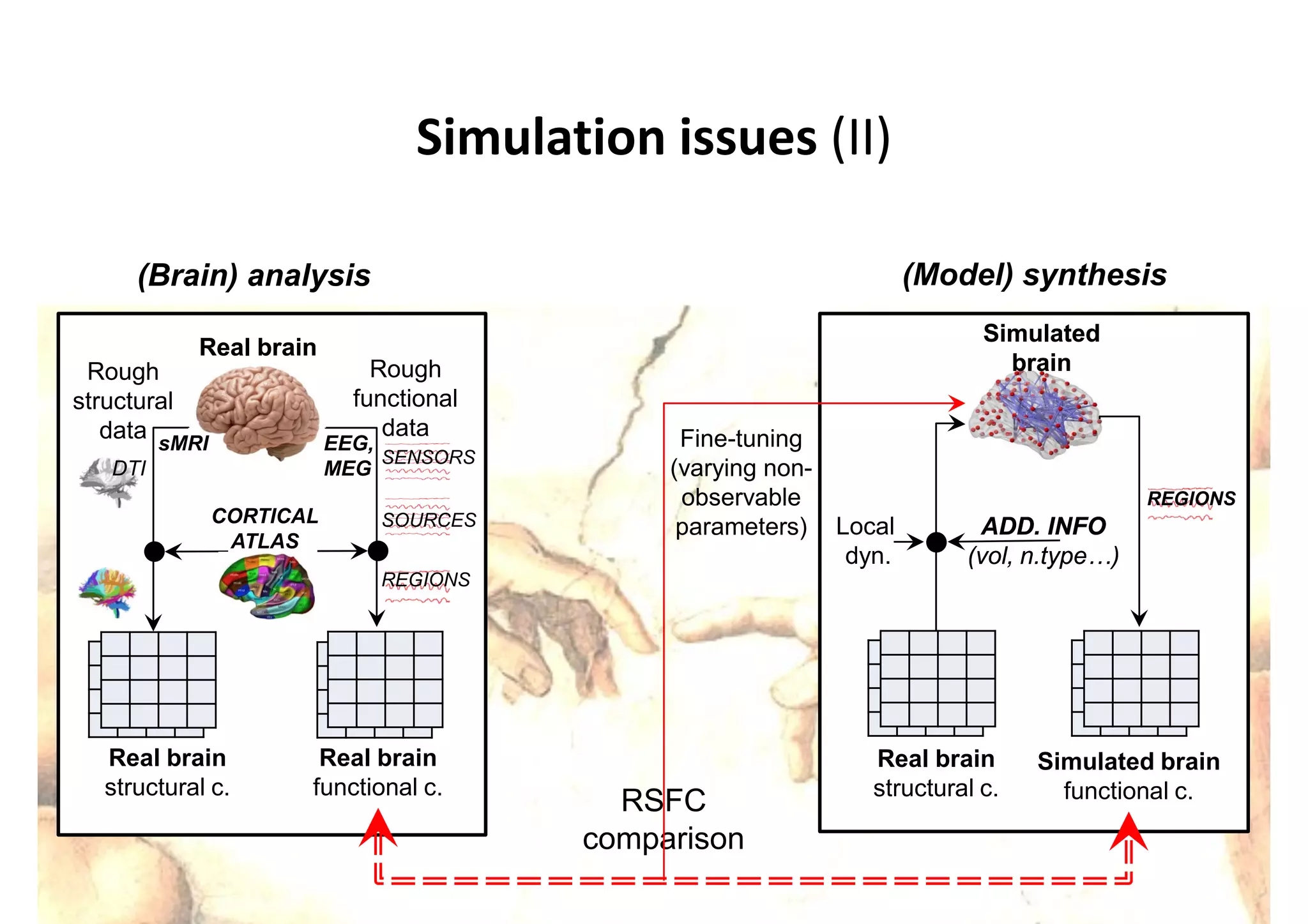 Fine-tuning
(varying non-
observable
parameters)
RSFC
comparison
Simulation issues (II)
Real brainReal brain
(Brain) analysis
Real brain
functional c.
Rough
structural
data
Rough
functional
data
Real brain
structural c.
Simulated brain
functional c.
(Model) synthesis
Real brain
structural c.
Local
dyn.
SimulatedSimulated
brainbrain
sMRI
REGIONS
DTI
SENSORS
SOURCES
EEG,
MEG
CORTICAL
ATLAS
ADD. INFOADD. INFO
(vol, n.type…)(vol, n.type…)
REGIONS
 