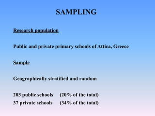 SAMPLING
Research population
Public and private primary schools of Attica, Greece
Sample
Geographically stratified and random
203 public schools (20% of the total)
37 private schools (34% of the total)
 