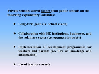 Private schools scored higher than public schools on the
following explanatory variables:
► Long-term goals (i.e. school vision)
► Collaboration with HE institutions, businesses, and
the voluntary sector (i.e. openness to society)
► Implementation of development programmes for
teachers and parents (i.e. flow of knowledge and
information)
► Use of teacher rewards
 