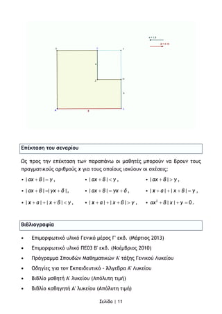 Σελίδα | 11
Επέκταση του σεναρίου
Ως προς την επέκταση των παραπάνω οι μαθητές μπορούν να βρουν τους
πραγματικούς αριθμούς x για τους οποίους ισχύουν οι σχέσεις:
• | |αx β γ+ =, • | |αx β γ+ < , • | |αx β γ+ > ,
• | | | |αx β γx δ+ = + , • | |αx β γx δ+ = + , • | | | |x α x β γ+ + + =,
• | | | |x α x β γ+ + + < , • | | | |x α x β γ+ + + > , • 2
| | 0αx β x γ+ + =.
Βιβλιογραφία
• Επιμορφωτικό υλικό Γενικό μέρος Γ' εκδ. (Μάρτιος 2013)
• Επιμορφωτικό υλικό ΠΕ03 Β' εκδ. (Νοέμβριος 2010)
• Πρόγραμμα Σπουδών Μαθηματικών Α' τάξης Γενικού Λυκείου
• Οδηγίες για τον Εκπαιδευτικό - Άλγεβρα Α' Λυκείου
• Βιβλίο μαθητή Α' λυκείου (Απόλυτη τιμή)
• Βιβλίο καθηγητή Α' λυκείου (Απόλυτη τιμή)
 