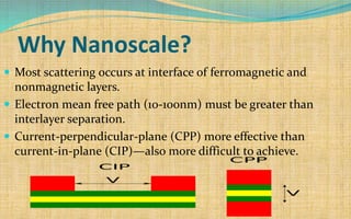 Why Nanoscale?
 Most scattering occurs at interface of ferromagnetic and
nonmagnetic layers.
 Electron mean free path (10-100nm) must be greater than
interlayer separation.
 Current-perpendicular-plane (CPP) more effective than
current-in-plane (CIP)—also more difficult to achieve.
 