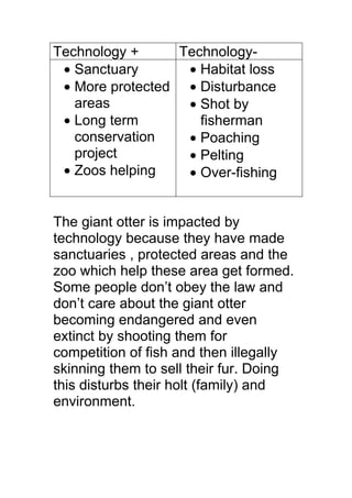 Technology +     Technology-
 • Sanctuary      • Habitat loss
 • More protected • Disturbance
   areas          • Shot by
 • Long term        fisherman
   conservation   • Poaching
   project        • Pelting
 • Zoos helping   • Over-fishing


The giant otter is impacted by
technology because they have made
sanctuaries , protected areas and the
zoo which help these area get formed.
Some people don’t obey the law and
don’t care about the giant otter
becoming endangered and even
extinct by shooting them for
competition of fish and then illegally
skinning them to sell their fur. Doing
this disturbs their holt (family) and
environment.
 