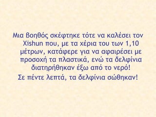 Μια βοηθός σκέφτηκε τότε να καλέσει  τον  Xishun που, με   τα  χέρια  του των 1,10 μέτρ ων ,  κατάφερε  για να  αφαιρέσει  με  προσοχή  τα πλαστικά, ενώ τα δελφίνια διατηρήθηκαν έξω από το νερό! Σε π έντε  λεπτά , τα δελφίνια σώθηκαν! 