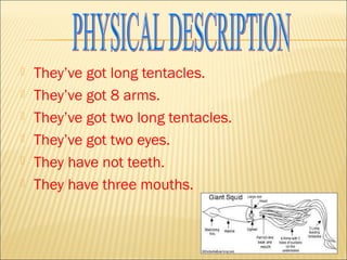  They’ve got long tentacles.
 They’ve got 8 arms.
 They’ve got two long tentacles.
 They’ve got two eyes.
 They have ...