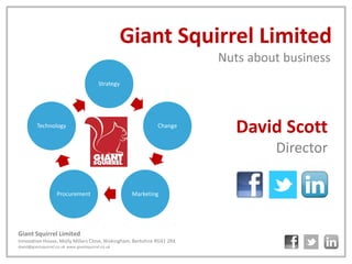 Giant Squirrel Limited
                                                                       Nuts about business
                                          Strategy




         Technology                                          Change
                                                                          David Scott
                                                                                Director

                    Procurement                      Marketing




Giant Squirrel Limited
Innovation House, Molly Millars Close, Wokingham, Berkshire RG41 2RX
david@giantsquirrel.co.uk www.giantsquirrel.co.uk
 