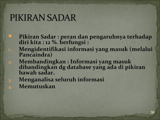  Pikiran Sadar : peran dan pengaruhnya terhadap
diri kita : 12 %. berfungsi :
1. Mengidentifikasi informasi yang masuk (melalui
Pancaindra)
2. Membandingkan : Informasi yang masuk
dibandingkan dg database yang ada di pikiran
bawah sadar.
3. Menganalisa seluruh informasi
4. Memutuskan
38
 