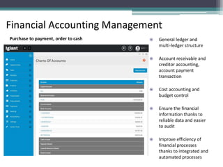 Financial Accounting Management
Purchase to payment, order to cash  General ledger and
multi-ledger structure
 Account receivable and
creditor accounting,
account payment
transaction
 Cost accounting and
budget control
 Ensure the financial
information thanks to
reliable data and easier
to audit
 Improve efficiency of
financial processes
thanks to integrated and
automated processes
 