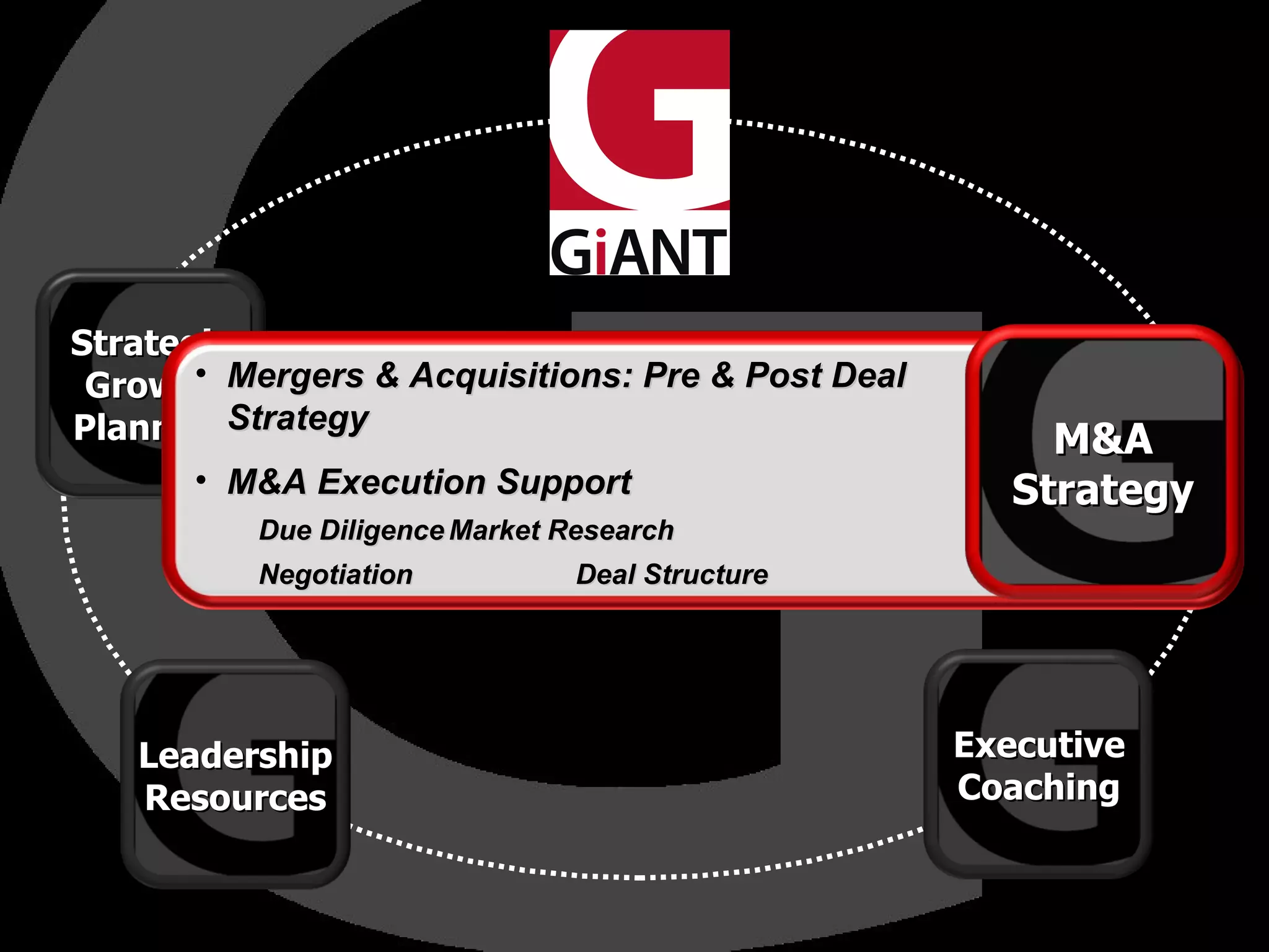 Strategic Growth Planning Mergers & Acquisitions: Pre & Post Deal Strategy M&A Execution Support Due Diligence Market Research Negotiation Deal Structure M&A Strategy Executive Coaching Leadership Resources 