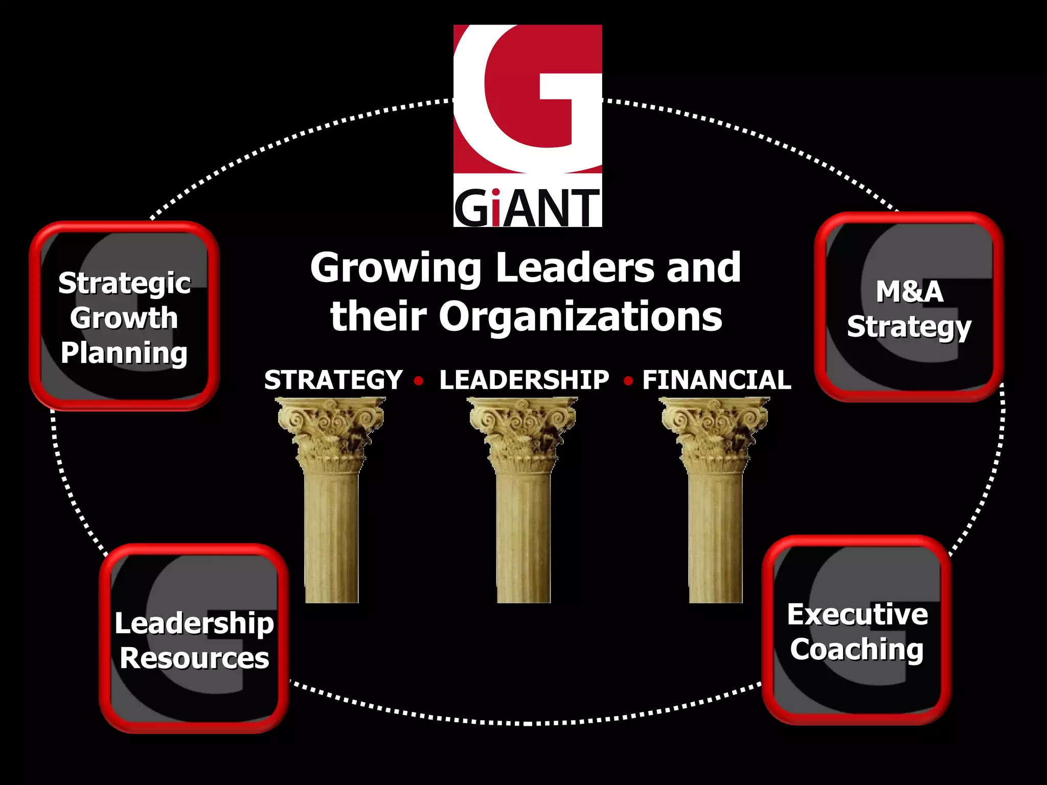 STRATEGY Growing Leaders and their Organizations LEADERSHIP FINANCIAL • • M&A Strategy Executive Coaching Leadership Resources Strategic Growth Planning 