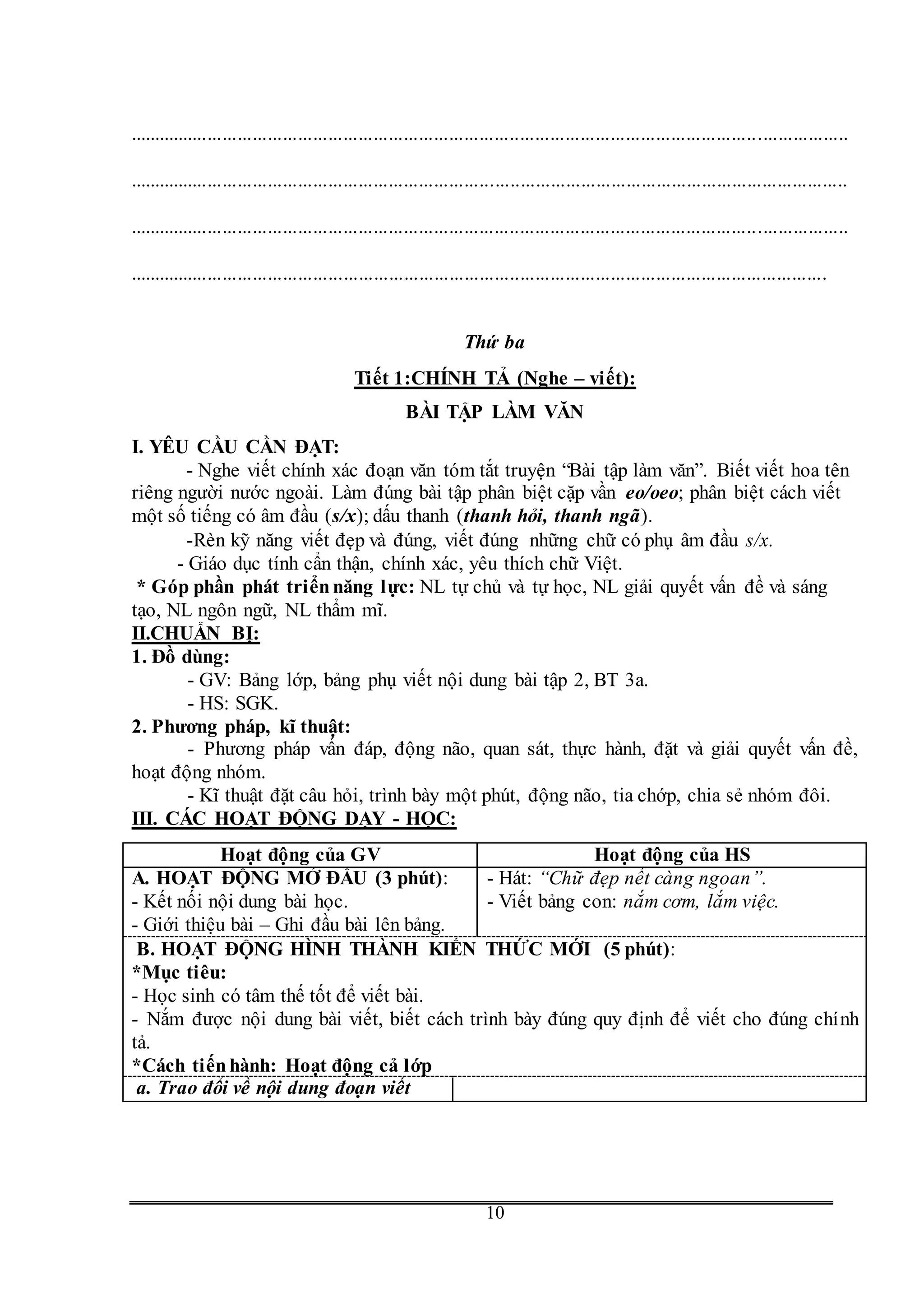 G
10
...............................................................................................................................................
...............................................................................................................................................
...............................................................................................................................................
...........................................................................................................................................
Thứ ba
Tiết 1:CHÍNH TẢ (Nghe – viết):
BÀI TẬP LÀM VĂN
I. YÊU CẦU CẦN ĐẠT:
- Nghe viết chính xác đoạn văn tóm tắt truyện “Bài tập làm văn”. Biết viết hoa tên
riêng người nước ngoài. Làm đúng bài tập phân biệt cặp vần eo/oeo; phân biệt cách viết
một số tiếng có âm đầu (s/x); dấu thanh (thanh hỏi, thanh ngã).
-Rèn kỹ năng viết đẹp và đúng, viết đúng những chữ có phụ âm đầu s/x.
- Giáo dục tính cẩn thận, chính xác, yêu thích chữ Việt.
* Góp phần phát triểnnăng lực: NL tự chủ và tự học, NL giải quyết vấn đề và sáng
tạo, NL ngôn ngữ, NL thẩm mĩ.
II.CHUẨN BỊ:
1. Đồ dùng:
- GV: Bảng lớp, bảng phụ viết nội dung bài tập 2, BT 3a.
- HS: SGK.
2. Phương pháp, kĩ thuật:
- Phương pháp vấn đáp, động não, quan sát, thực hành, đặt và giải quyết vấn đề,
hoạt động nhóm.
- Kĩ thuật đặt câu hỏi, trình bày một phút, động não, tia chớp, chia sẻ nhóm đôi.
III. CÁC HOẠT ĐỘNG DẠY - HỌC:
Hoạt động của GV Hoạt động của HS
A. HOẠT ĐỘNG MỞ ĐẦU (3 phút):
- Kết nối nội dung bài học.
- Giới thiệu bài – Ghi đầu bài lên bảng.
- Hát: “Chữ đẹp nết càng ngoan”.
- Viết bảng con: nắm cơm, lắm việc.
B. HOẠT ĐỘNG HÌNH THÀNH KIẾN THỨC MỚI (5 phút):
*Mục tiêu:
- Học sinh có tâm thế tốt để viết bài.
- Nắm được nội dung bài viết, biết cách trình bày đúng quy định để viết cho đúng chính
tả.
*Cách tiếnhành: Hoạt động cả lớp
a. Trao đổi về nội dung đoạn viết
 
