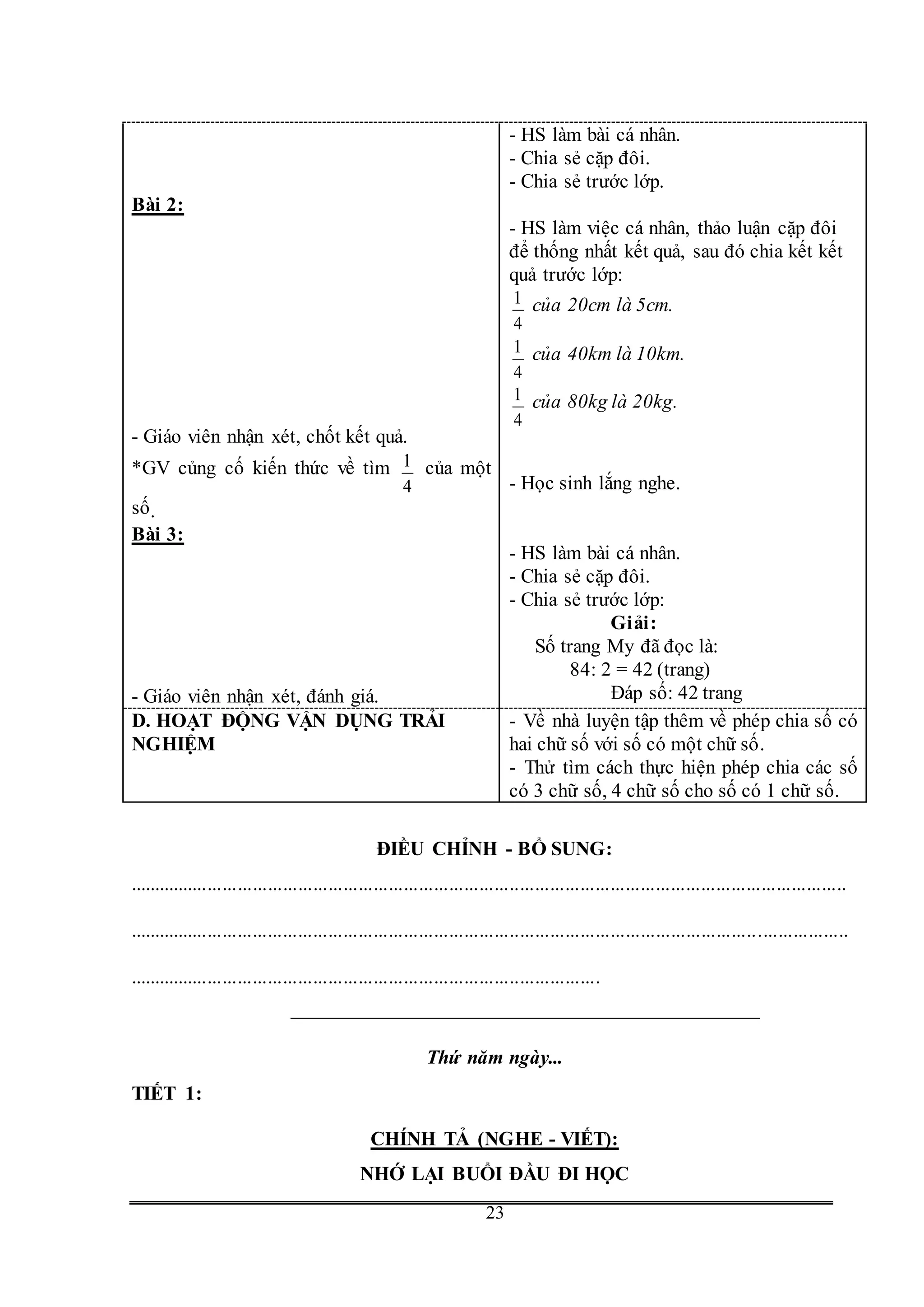 G
23
Bài 2:
- Giáo viên nhận xét, chốt kết quả.
*GV củng cố kiến thức về tìm
4
1 của một
số.
Bài 3:
- Giáo viên nhận xét, đánh giá.
- HS làm bài cá nhân.
- Chia sẻ cặp đôi.
- Chia sẻ trước lớp.
- HS làm việc cá nhân, thảo luận cặp đôi
để thống nhất kết quả, sau đó chia kết kết
quả trước lớp:
4
1 của 20cm là 5cm.
4
1 của 40km là 10km.
4
1 của 80kg là 20kg.
- Học sinh lắng nghe.
- HS làm bài cá nhân.
- Chia sẻ cặp đôi.
- Chia sẻ trước lớp:
Giải:
Số trang My đã đọc là:
84: 2 = 42 (trang)
Đáp số: 42 trang
D. HOẠT ĐỘNG VẬN DỤNG TRẢI
NGHIỆM
- Về nhà luyện tập thêm về phép chia số có
hai chữ số với số có một chữ số.
- Thử tìm cách thực hiện phép chia các số
có 3 chữ số, 4 chữ số cho số có 1 chữ số.
ĐIỀU CHỈNH - BỔ SUNG:
...............................................................................................................................................
...............................................................................................................................................
..............................................................................................
Thứ năm ngày...
TIẾT 1:
CHÍNH TẢ (NGHE - VIẾT):
NHỚ LẠI BUỔI ĐẦU ĐI HỌC
 