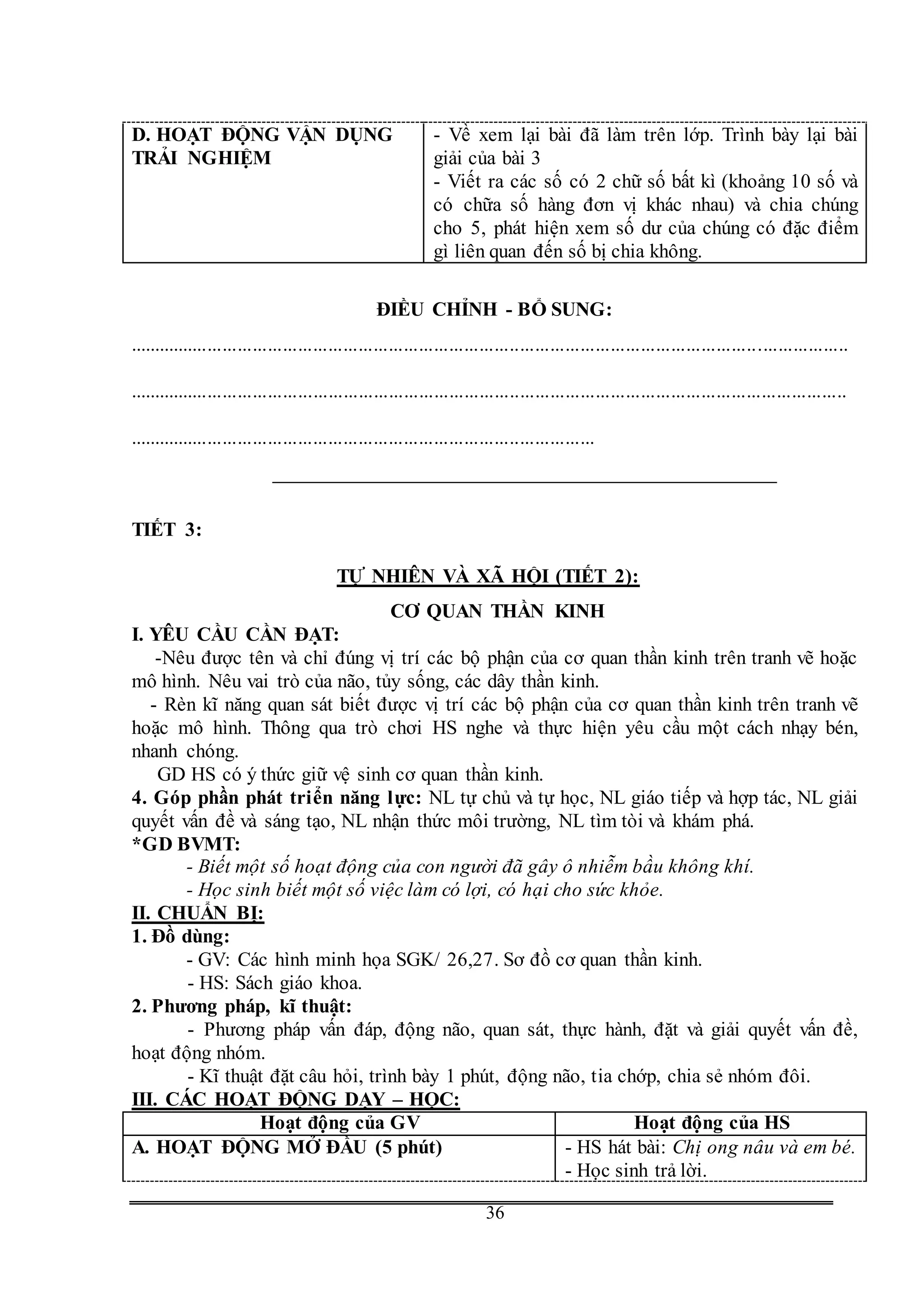 G
36
D. HOẠT ĐỘNG VẬN DỤNG
TRẢI NGHIỆM
- Về xem lại bài đã làm trên lớp. Trình bày lại bài
giải của bài 3
- Viết ra các số có 2 chữ số bất kì (khoảng 10 số và
có chữa số hàng đơn vị khác nhau) và chia chúng
cho 5, phát hiện xem số dư của chúng có đặc điểm
gì liên quan đến số bị chia không.
ĐIỀU CHỈNH - BỔ SUNG:
...............................................................................................................................................
...............................................................................................................................................
.............................................................................................
TIẾT 3:
TỰ NHIÊN VÀ XÃ HỘI (TIẾT 2):
CƠ QUAN THẦN KINH
I. YÊU CẦU CẦN ĐẠT:
-Nêu được tên và chỉ đúng vị trí các bộ phận của cơ quan thần kinh trên tranh vẽ hoặc
mô hình. Nêu vai trò của não, tủy sống, các dây thần kinh.
- Rèn kĩ năng quan sát biết được vị trí các bộ phận của cơ quan thần kinh trên tranh vẽ
hoặc mô hình. Thông qua trò chơi HS nghe và thực hiện yêu cầu một cách nhạy bén,
nhanh chóng.
GD HS có ý thức giữ vệ sinh cơ quan thần kinh.
4. Góp phần phát triển năng lực: NL tự chủ và tự học, NL giáo tiếp và hợp tác, NL giải
quyết vấn đề và sáng tạo, NL nhận thức môi trường, NL tìm tòi và khám phá.
*GD BVMT:
- Biết một số hoạt động của con người đã gây ô nhiễm bầu không khí.
- Học sinh biết một số việc làm có lợi, có hại cho sức khỏe.
II. CHUẨN BỊ:
1. Đồ dùng:
- GV: Các hình minh họa SGK/ 26,27. Sơ đồ cơ quan thần kinh.
- HS: Sách giáo khoa.
2. Phương pháp, kĩ thuật:
- Phương pháp vấn đáp, động não, quan sát, thực hành, đặt và giải quyết vấn đề,
hoạt động nhóm.
- Kĩ thuật đặt câu hỏi, trình bày 1 phút, động não, tia chớp, chia sẻ nhóm đôi.
III. CÁC HOẠT ĐỘNG DẠY – HỌC:
Hoạt động của GV Hoạt động của HS
A. HOẠT ĐỘNG MỞ ĐẦU (5 phút) - HS hát bài: Chị ong nâu và em bé.
- Học sinh trả lời.
 