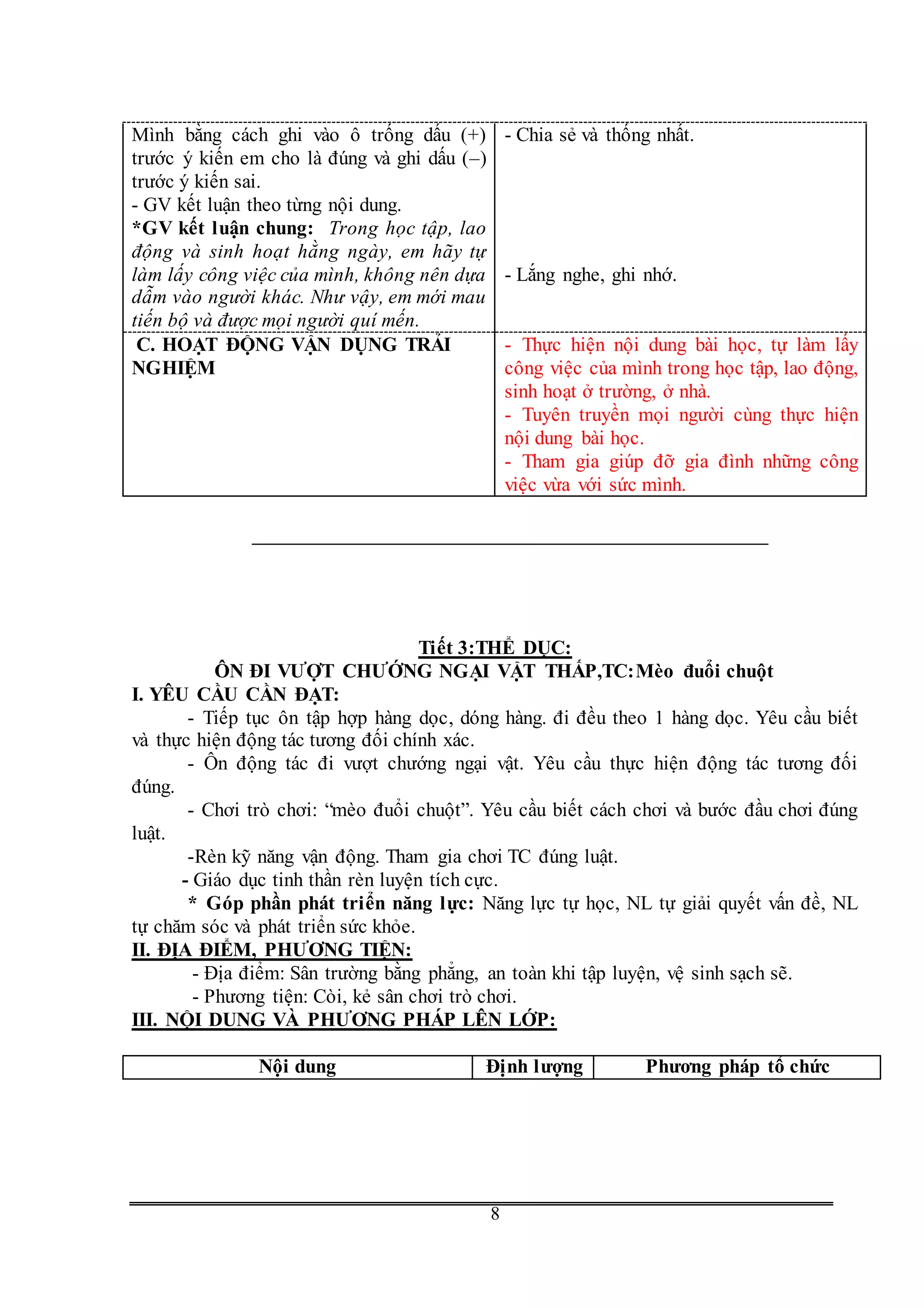 G
8
Mình bằng cách ghi vào ô trống dấu (+)
trước ý kiến em cho là đúng và ghi dấu (–)
trước ý kiến sai.
- GV kết luận theo từng nội dung.
*GV kết luận chung: Trong học tập, lao
động và sinh hoạt hằng ngày, em hãy tự
làm lấy công việc của mình, không nên dựa
dẫm vào người khác. Như vậy, em mới mau
tiến bộ và được mọi người quí mến.
- Chia sẻ và thống nhất.
- Lắng nghe, ghi nhớ.
C. HOẠT ĐỘNG VẬN DỤNG TRẢI
NGHIỆM
- Thực hiện nội dung bài học, tự làm lấy
công việc của mình trong học tập, lao động,
sinh hoạt ở trường, ở nhà.
- Tuyên truyền mọi người cùng thực hiện
nội dung bài học.
- Tham gia giúp đỡ gia đình những công
việc vừa với sức mình.
Tiết 3:THỂ DỤC:
ÔN ĐI VƯỢT CHƯỚNG NGẠI VẬT THẤP,TC:Mèo đuổi chuột
I. YÊU CẦU CẦN ĐẠT:
- Tiếp tục ôn tập hợp hàng dọc, dóng hàng. đi đều theo 1 hàng dọc. Yêu cầu biết
và thực hiện động tác tương đối chính xác.
- Ôn động tác đi vượt chướng ngại vật. Yêu cầu thực hiện động tác tương đối
đúng.
- Chơi trò chơi: “mèo đuổi chuột”. Yêu cầu biết cách chơi và bước đầu chơi đúng
luật.
-Rèn kỹ năng vận động. Tham gia chơi TC đúng luật.
- Giáo dục tinh thần rèn luyện tích cực.
* Góp phần phát triển năng lực: Năng lực tự học, NL tự giải quyết vấn đề, NL
tự chăm sóc và phát triển sức khỏe.
II. ĐỊA ĐIỂM, PHƯƠNG TIỆN:
- Địa điểm: Sân trường bằng phẳng, an toàn khi tập luyện, vệ sinh sạch sẽ.
- Phương tiện: Còi, kẻ sân chơi trò chơi.
III. NỘI DUNG VÀ PHƯƠNG PHÁP LÊN LỚP:
Nội dung Định lượng Phương pháp tổ chức
 
