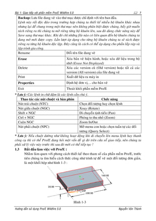 Baøi 1: Giao tieáp vôùi phaàn meàm Pro/E Wildfire 5.0                                                  7
  Backup: Löu file ñang veõ vaøo thö muïc ñöôïc chæ ñònh vôùi teân ban ñaàu.
  Leänh naøy raát ñoäc ñaùo trong tröôøng hôïp chuùng ta thieát keá nhieàu boä khuoân khaùc nhau
  nhöng laïi ñeå chung trong moät thö muïc neân khoâng phaân bieät ñöôïc chuùng, baáy giôø muoán
  taùch rieâng ra thì chuùng ta môû rieâng töøng boä khuoân leân, sau ñoù duøng chöùc naêng naøy ñeå
  Save sang thö muïc khaùc. Khi ñoù chæ nhöõng file naøo coù lieân quan ñeán boä khuoân chuùng ta
  ñang môû môùi ñöôïc copy. Laàn löôït aùp duïng cho töøng boä khuoân chuùng ta seõ taùch ñöôïc
  rieâng ra töøng boä khuoân ñoäc laäp. Ñaây cuõng laø caùch coù theå aùp duïng cho phaàn laép raùp vaø
  laäp trình gia coâng.
  Rename                                 Ñoåi teân file ñang veõ
  Erase                                       Xoùa baûn veõ hieän haønh, hoaëc xoùa döõ lieäu trong boä
                                              nhôù (Erase Not Displayed)
  Delete                                      Xoùa caùc version cuõ (Old version) hoaëc taát caû caùc
                                              version (All version) cuûa file ñang veõ
  Print                                       Xuaát döõ lieäu ra maùy in
  Properties                                  Ñònh heä ñôn vò, … cho baûn veõ
  Exit                                        Thoaùt khoûi phaàn meàm Pro/E
* Löu yù: Caùc leänh in chöõ ñaäm laø caùc leänh caàn chuù yù.
    Thao taùc caùc nuùt chuoät vaø baøn phím                             Chöùc naêng
  Nuùt traùi chuoät (NTC)                               Choïn ñoái töôïng hay choïn leänh
  Nuùt giöõa chuoät (NGC)                               Xoay (Rotate)
  Shift + NGC                                           Di chuyeån tònh tieán (Pan)
  Ctrl + NGC                                            Phoùng to thu nhoû (Zoom)
  Cuoän NGC                                             Zoom In/Out
  Nuùt phaûi chuoät (NPC)                               Môû menu con hoaëc choïn tuaàn töï caùc ñoái
                                                        töôïng (Query Select)
* Löu yù: Neáu chuoät döôøng nhö khoâng hoaït ñoäng khi di chuyeån leân menu leänh hay thanh
coâng cuï thì coù theå Pro/E ñang hoûi moät vaán ñeà gì ñoù treân cöûa soå giao tieáp, neân chuùng ta
phaûi xöû lyù vieäc naøy tröôùc thì sau ñoù môùi coù theå tieáp tuïc !
1.3    Baét ñaàu laøm vieäc vôùi Pro/E :
       Nhaèm laøm quen vôùi phong caùch thieát keá theo tham soá cuûa phaàn meàm Pro/E, tröôùc
       tieân chuùng ta tìm hieåu caùch thöùc cuõng nhö trình töï ñeå veõ moät ñoái töôïng ñôn giaûn,
       laø moät khoái hoäp nhö hình 1-3 :




                                                        Hình 1-3
Höôùng daãn söû duïng Pro/E Wildfire 5.0                                              Nguyeãn Vaên Thaønh
 