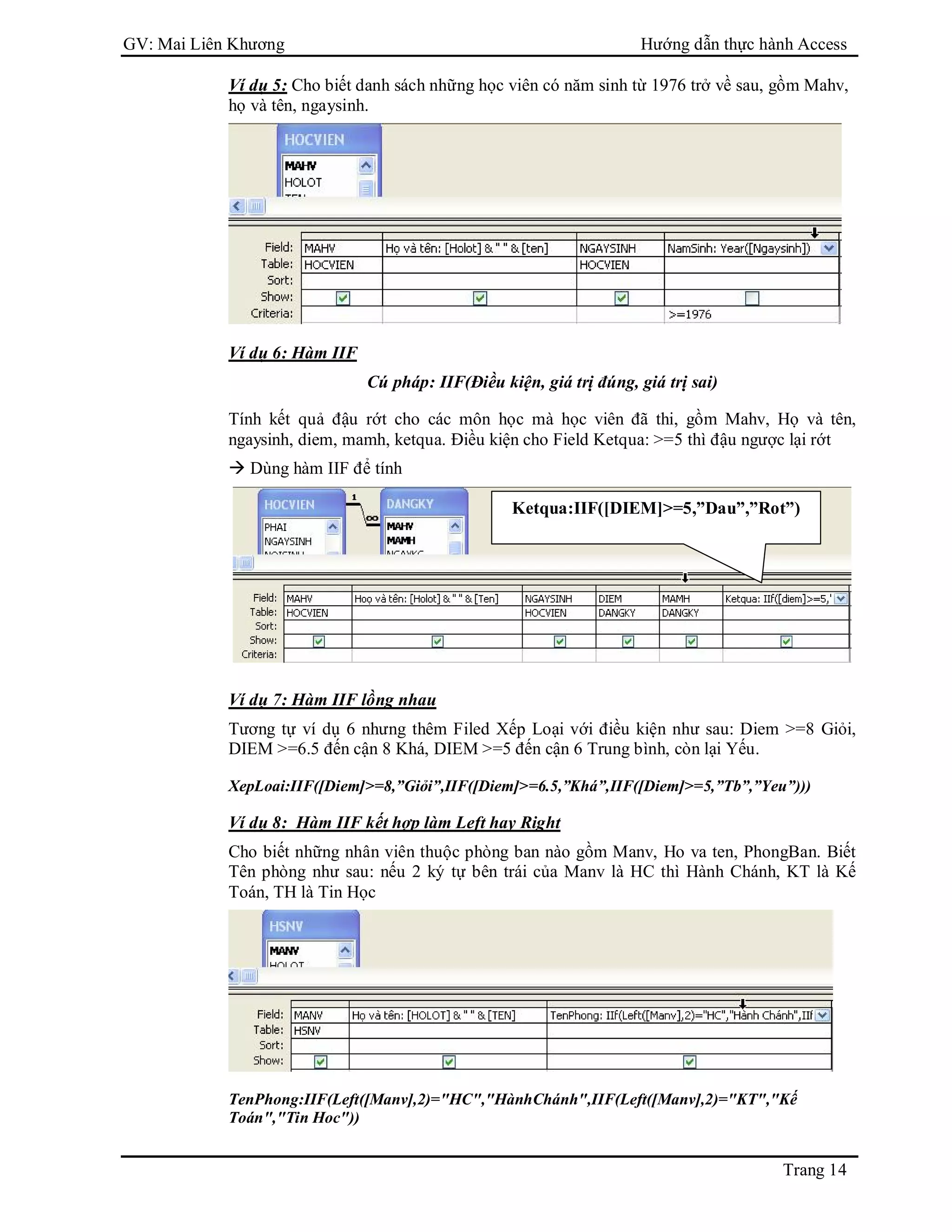 GV: Mai Liên Khương Hướng dẫn thực hành Access
Trang 14
Ví dụ 5: Cho biết danh sách những học viên có năm sinh từ 1976 trở về sau, gồm Mahv,
họ và tên, ngaysinh.
Ví dụ 6: Hàm IIF
Cú pháp: IIF(Điều kiện, giá trị đúng, giá trị sai)
Tính kết quả đậu rớt cho các môn học mà học viên đã thi, gồm Mahv, Họ và tên,
ngaysinh, diem, mamh, ketqua. Điều kiện cho Field Ketqua: >=5 thì đậu ngược lại rớt
 Dùng hàm IIF để tính
Ví dụ 7: Hàm IIF lồng nhau
Tương tự ví dụ 6 nhưng thêm Filed Xếp Loại với điều kiện như sau: Diem >=8 Giỏi,
DIEM >=6.5 đến cận 8 Khá, DIEM >=5 đến cận 6 Trung bình, còn lại Yếu.
XepLoai:IIF([Diem]>=8,”Giỏi”,IIF([Diem]>=6.5,”Khá”,IIF([Diem]>=5,”Tb”,”Yeu”)))
Ví dụ 8: Hàm IIF kết hợp làm Left hay Right
Cho biết những nhân viên thuộc phòng ban nào gồm Manv, Ho va ten, PhongBan. Biết
Tên phòng như sau: nếu 2 ký tự bên trái của Manv là HC thì Hành Chánh, KT là Kế
Toán, TH là Tin Học
TenPhong:IIF(Left([Manv],2)="HC","HànhChánh",IIF(Left([Manv],2)="KT","Kế
Toán","Tin Hoc"))
Ketqua:IIF([DIEM]>=5,”Dau”,”Rot”)
 