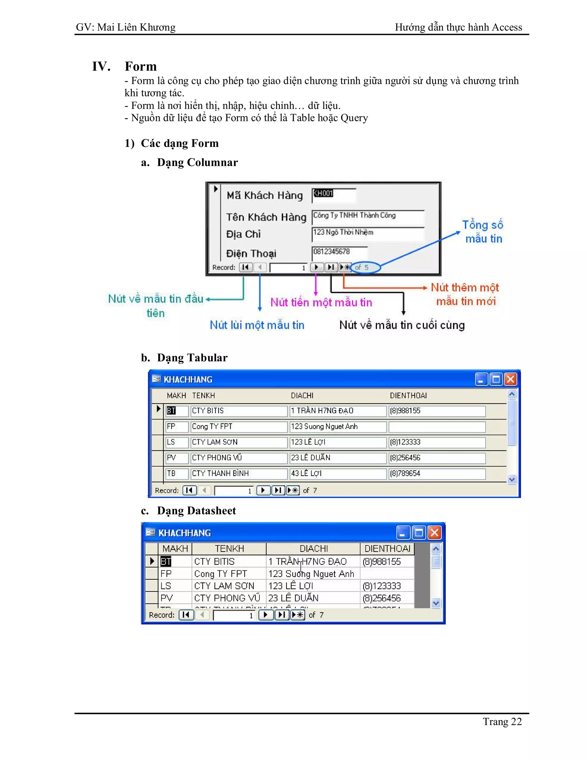 GV: Mai Liên Khương Hướng dẫn thực hành Access
Trang 22
IV. Form
- Form là công cụ cho phép tạo giao diện chương trình giữa người sử dụng và chương trình
khi tương tác.
- Form là nơi hiển thị, nhập, hiệu chỉnh… dữ liệu.
- Nguồn dữ liệu để tạo Form có thể là Table hoặc Query
1) Các dạng Form
a. Dạng Columnar
b. Dạng Tabular
c. Dạng Datasheet
 