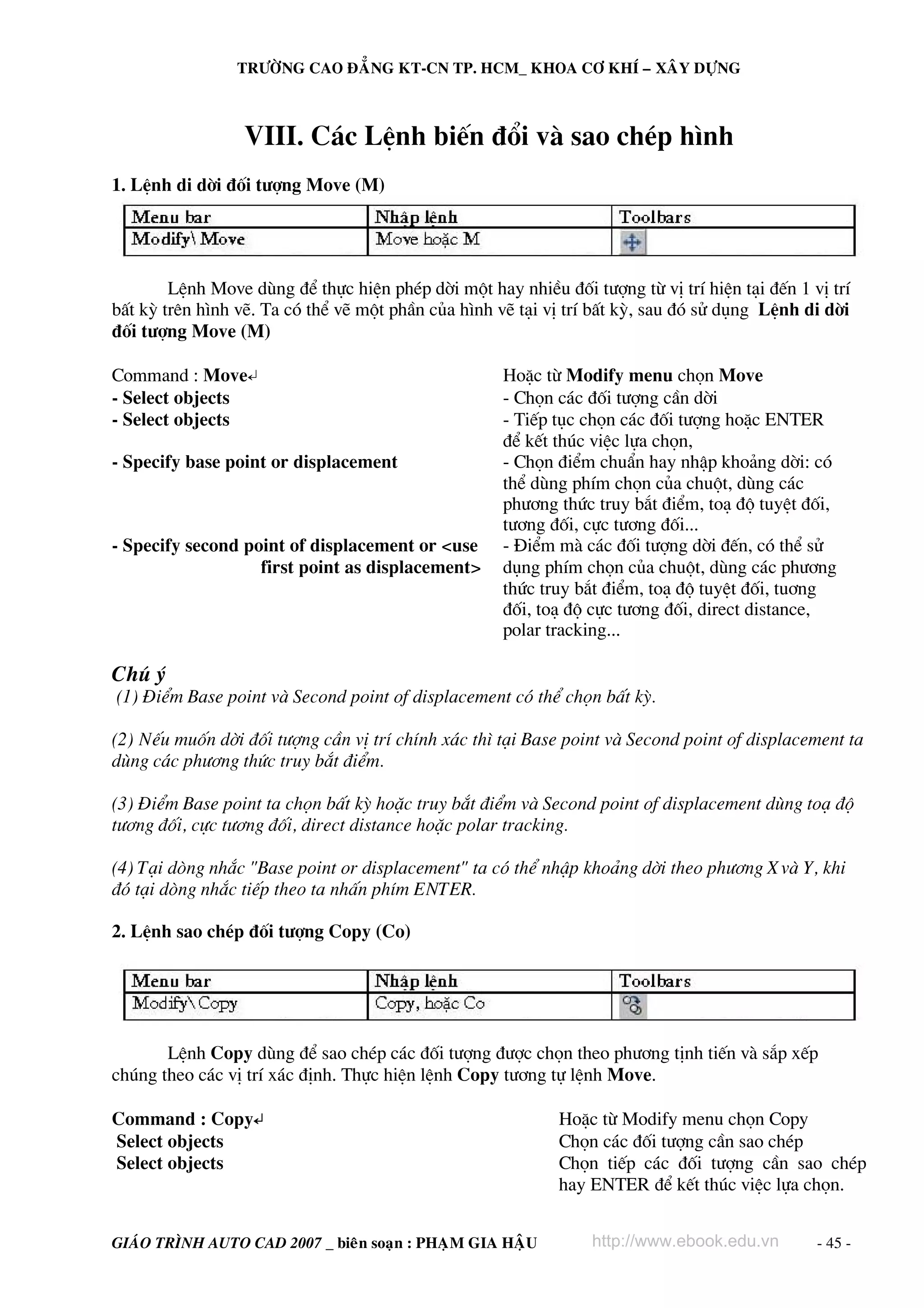 TRÖÔØNG CAO ÑAÚNG KT-CN TP. HCM_ KHOA CÔ KHÍ – XAÂY DÖÏNG

VIII. C¸c LÖnh biÕn ®æi vμ sao chÐp h×nh
1. LÖnh di dêi ®èi t−îng Move (M)

LÖnh Move dïng ®Ó thùc hiÖn phÐp dêi mét hay nhiÒu ®èi t−îng tõ vÞ trÝ hiÖn t¹i ®Õn 1 vÞ trÝ
bÊt kú trªn h×nh vÏ. Ta cã thÓ vÏ mét phÇn cña h×nh vÏ t¹i vÞ trÝ bÊt kú, sau ®ã sö dông LÖnh di dêi
®èi t−îng Move (M)
Command : Move↵
- Select objects
- Select objects
- Specify base point or displacement

- Specify second point of displacement or <use
first point as displacement>

HoÆc tõ Modify menu chän Move
- Chän c¸c ®èi t−îng cÇn dêi
- TiÕp tôc chän c¸c ®èi t−îng hoÆc ENTER
®Ó kÕt thóc viÖc lùa chän,
- Chän ®iÓm chuÈn hay nhËp kho¶ng dêi: cã
thÓ dïng phÝm chän cña chuét, dïng c¸c
ph−¬ng thøc truy b¾t ®iÓm, to¹ ®é tuyÖt ®èi,
t−¬ng ®èi, cùc t−¬ng ®èi...
- §iÓm mμ c¸c ®èi t−îng dêi ®Õn, cã thÓ sö
dông phÝm chän cña chuét, dïng c¸c ph−¬ng
thøc truy b¾t ®iÓm, to¹ ®é tuyÖt ®èi, tu¬ng
®èi, to¹ ®é cùc t−¬ng ®èi, direct distance,
polar tracking...

Chó ý
(1) §iÓm Base point vμ Second point of displacement cã thÓ chän bÊt kú.
(2) NÕu muèn dêi ®èi t−îng cÇn vÞ trÝ chÝnh x¸c th× t¹i Base point vμ Second point of displacement ta
dïng c¸c ph−¬ng thøc truy b¾t ®iÓm.
(3) §iÓm Base point ta chän bÊt kú hoÆc truy b¾t ®iÓm vμ Second point of displacement dïng to¹ ®é
t−¬ng ®èi, cùc t−¬ng ®èi, direct distance hoÆc polar tracking.
(4) T¹i dßng nh¾c "Base point or displacement" ta cã thÓ nhËp kho¶ng dêi theo ph−¬ng X vμ Y, khi
®ã t¹i dßng nh¾c tiÕp theo ta nhÊn phÝm ENTER.
2. LÖnh sao chÐp ®èi t−îng Copy (Co)

LÖnh Copy dïng ®Ó sao chÐp c¸c ®èi t−îng ®−îc chän theo ph−¬ng tÞnh tiÕn vμ s¾p xÕp
chóng theo c¸c vÞ trÝ x¸c ®Þnh. Thùc hiÖn lÖnh Copy t−¬ng tù lÖnh Move.
Command : Copy↵
Select objects
Select objects

GIAÙO TRÌNH AUTO CAD 2007 _ bieân soaïn : PHAÏM GIA HAÄU

HoÆc tõ Modify menu chän Copy
Chän c¸c ®èi t−îng cÇn sao chÐp
Chän tiÕp c¸c ®èi t−îng cÇn sao chÐp
hay ENTER ®Ó kÕt thóc viÖc lùa chän.
http://www.ebook.edu.vn

- 45 -

 