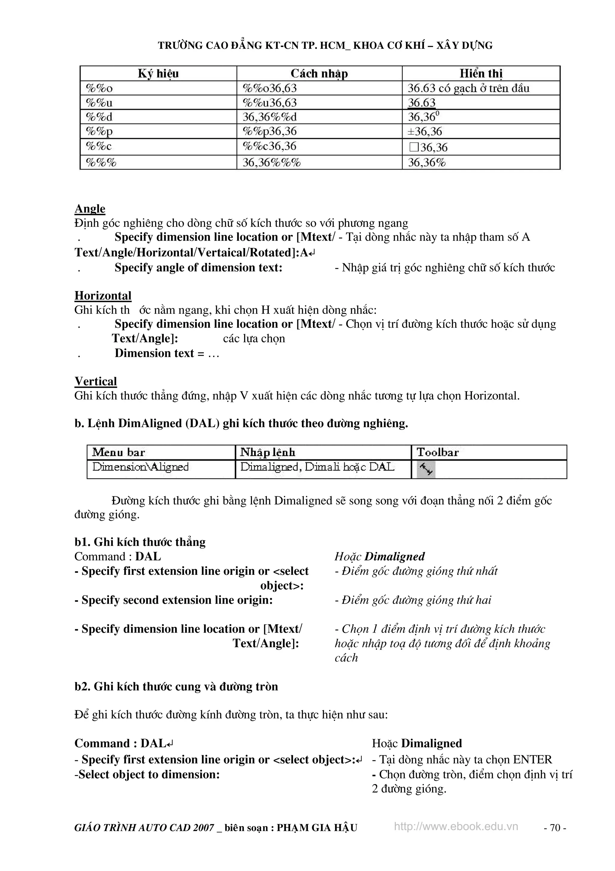 TRÖÔØNG CAO ÑAÚNG KT-CN TP. HCM_ KHOA CÔ KHÍ – XAÂY DÖÏNG

Angle
§Þnh gãc nghiªng cho dßng ch÷ sè kÝch th−íc so víi ph−¬ng ngang
.
Specify dimension line location or [Mtext/ - T¹i dßng nh¾c nμy ta nhËp tham sè A
Text/Angle/Horizontal/Vertaical/Rotated]:A↵
.
Specify angle of dimension text:
- NhËp gi¸ trÞ gãc nghiªng ch÷ sè kÝch th−íc
Horizontal
Ghi kÝch th íc n»m ngang, khi chän H xuÊt hiÖn dßng nh¾c:
.
Specify dimension line location or [Mtext/ - Chän vÞ trÝ ®−êng kÝch th−íc hoÆc sö dông
Text/Angle]:
c¸c lùa chän
.
Dimension text = …
Vertical
Ghi kÝch th−íc th¼ng ®øng, nhËp V xuÊt hiÖn c¸c dßng nh¾c t−¬ng tù lùa chän Horizontal.
b. LÖnh DimAligned (DAL) ghi kÝch th−íc theo ®−êng nghiªng.

§−êng kÝch th−íc ghi b»ng lÖnh Dimaligned sÏ song song víi ®o¹n th¼ng nèi 2 ®iÓm gèc
®−êng giãng.
b1. Ghi kÝch th−íc th¼ng
Command : DAL
- Specify first extension line origin or <select
object>:
- Specify second extension line origin:
- Specify dimension line location or [Mtext/
Text/Angle]:

HoÆc Dimaligned
- §iÓm gèc ®−êng giãng thø nhÊt
- §iÓm gèc ®−êng giãng thø hai
- Chän 1 ®iÓm ®Þnh vÞ trÝ ®−êng kÝch th−íc
hoÆc nhËp to¹ ®é t−¬ng ®èi ®Ó ®Þnh kho¶ng
c¸ch

b2. Ghi kÝch th−íc cung vμ ®−êng trßn
§Ó ghi kÝch th−íc ®−êng kÝnh ®−êng trßn, ta thùc hiÖn nh− sau:
Command : DAL↵
HoÆc Dimaligned
- Specify first extension line origin or <select object>:↵ - T¹i dßng nh¾c nμy ta chän ENTER
-Select object to dimension:
- Chän ®−êng trßn, ®iÓm chän ®Þnh vÞ trÝ
2 ®−êng giãng.
GIAÙO TRÌNH AUTO CAD 2007 _ bieân soaïn : PHAÏM GIA HAÄU

http://www.ebook.edu.vn

- 70 -

 