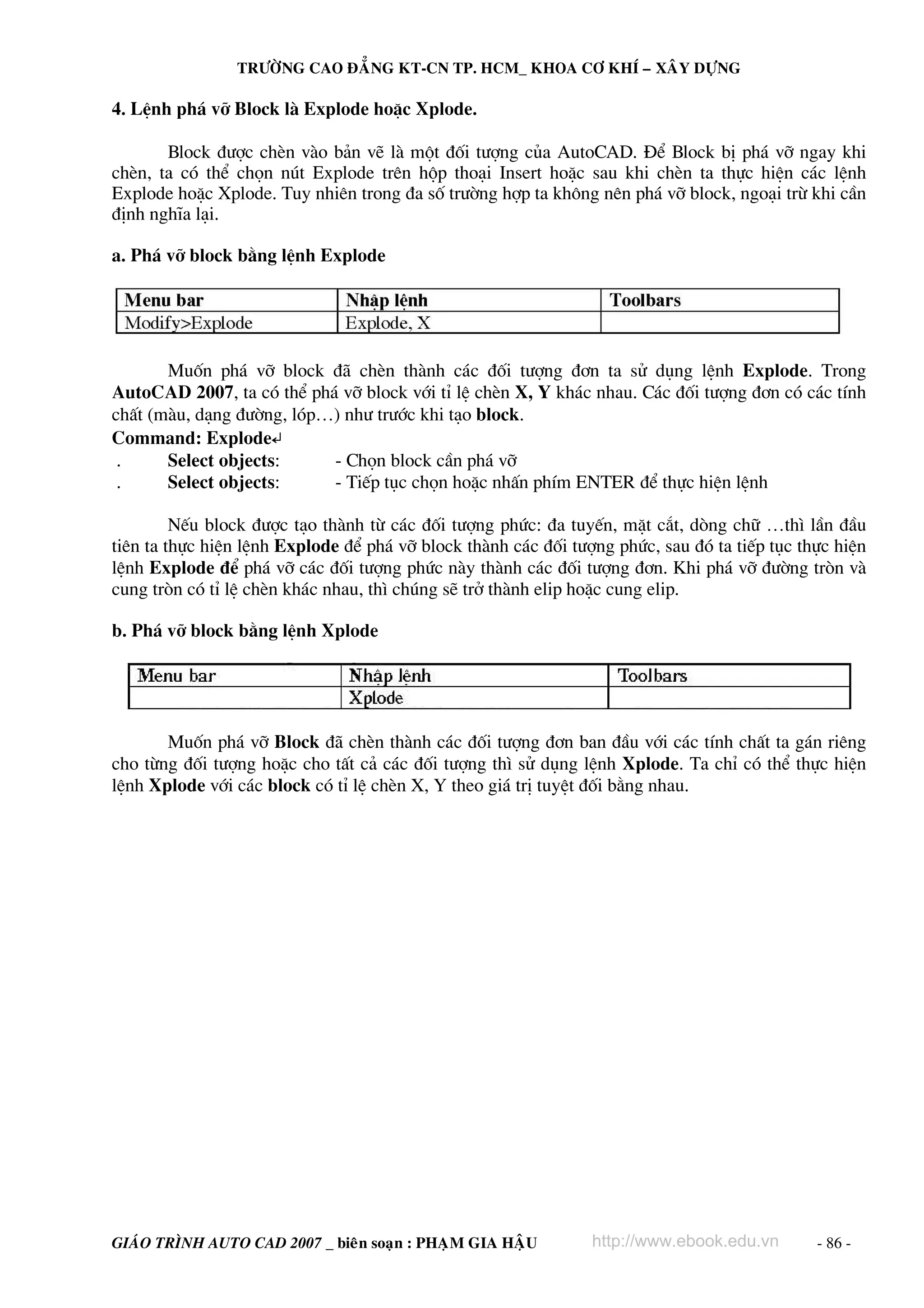 TRÖÔØNG CAO ÑAÚNG KT-CN TP. HCM_ KHOA CÔ KHÍ – XAÂY DÖÏNG

4. LÖnh ph¸ vì Block lμ Explode hoÆc Xplode.
Block ®−îc chÌn vμo b¶n vÏ lμ mét ®èi t−îng cña AutoCAD. §Ó Block bÞ ph¸ vì ngay khi
chÌn, ta cã thÓ chän nót Explode trªn hép tho¹i Insert hoÆc sau khi chÌn ta thùc hiÖn c¸c lÖnh
Explode hoÆc Xplode. Tuy nhiªn trong ®a sè tr−êng hîp ta kh«ng nªn ph¸ vì block, ngo¹i trõ khi cÇn
®Þnh nghÜa l¹i.
a. Ph¸ vì block b»ng lÖnh Explode

Muèn ph¸ vì block ®· chÌn thμnh c¸c ®èi t−îng ®¬n ta sö dông lÖnh Explode. Trong
AutoCAD 2007, ta cã thÓ ph¸ vì block víi tØ lÖ chÌn X, Y kh¸c nhau. C¸c ®èi t−îng ®¬n cã c¸c tÝnh
chÊt (mμu, d¹ng ®−êng, lãp…) nh− tr−íc khi t¹o block.
Command: Explode↵
.
Select objects:
- Chän block cÇn ph¸ vì
.
Select objects:
- TiÕp tôc chän hoÆc nhÊn phÝm ENTER ®Ó thùc hiÖn lÖnh
NÕu block ®−îc t¹o thμnh tõ c¸c ®èi t−îng phøc: ®a tuyÕn, mÆt c¾t, dßng ch÷ …th× lÇn ®Çu
tiªn ta thùc hiÖn lÖnh Explode ®Ó ph¸ vì block thμnh c¸c ®èi t−îng phøc, sau ®ã ta tiÕp tôc thùc hiÖn
lÖnh Explode ®Ó ph¸ vì c¸c ®èi t−îng phøc nμy thμnh c¸c ®èi t−îng ®¬n. Khi ph¸ vì ®−êng trßn vμ
cung trßn cã tØ lÖ chÌn kh¸c nhau, th× chóng sÏ trë thμnh elip hoÆc cung elip.
b. Ph¸ vì block b»ng lÖnh Xplode

Muèn ph¸ vì Block ®· chÌn thμnh c¸c ®èi t−îng ®¬n ban ®Çu víi c¸c tÝnh chÊt ta g¸n riªng
cho tõng ®èi t−îng hoÆc cho tÊt c¶ c¸c ®èi t−îng th× sö dông lÖnh Xplode. Ta chØ cã thÓ thùc hiÖn
lÖnh Xplode víi c¸c block cã tØ lÖ chÌn X, Y theo gi¸ trÞ tuyÖt ®èi b»ng nhau.

GIAÙO TRÌNH AUTO CAD 2007 _ bieân soaïn : PHAÏM GIA HAÄU

http://www.ebook.edu.vn

- 86 -

 