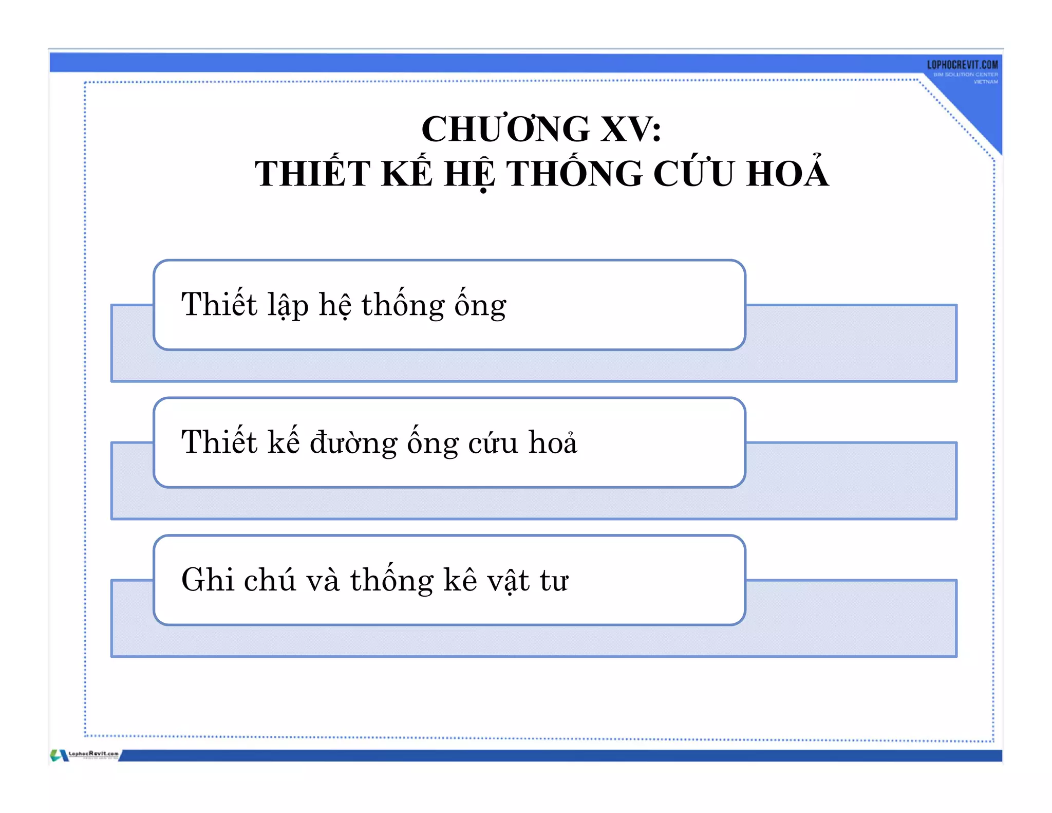 CHƯƠNG XV:
THIẾT KẾ HỆ THỐNG CỨU HOẢ
Thiết lập hệ thống ống
Thiết kế đường ống cứu hoả
Ghi chú và thống kê vật tư
 