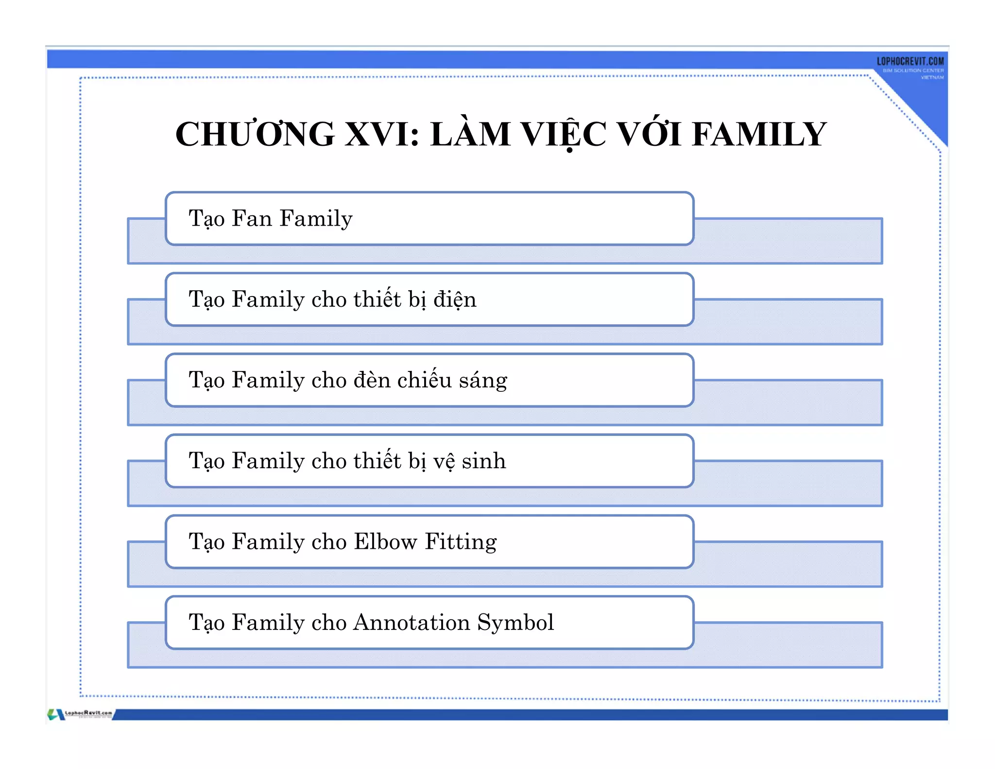 CHƯƠNG XVI: LÀM VIỆC VỚI FAMILY
Tạo Fan Family
Tạo Family cho thiết bị điện
Tạo Family cho đèn chiếu sáng
Tạo Family cho thiết bị vệ sinh
Tạo Family cho Elbow Fitting
Tạo Family cho Annotation Symbol
 