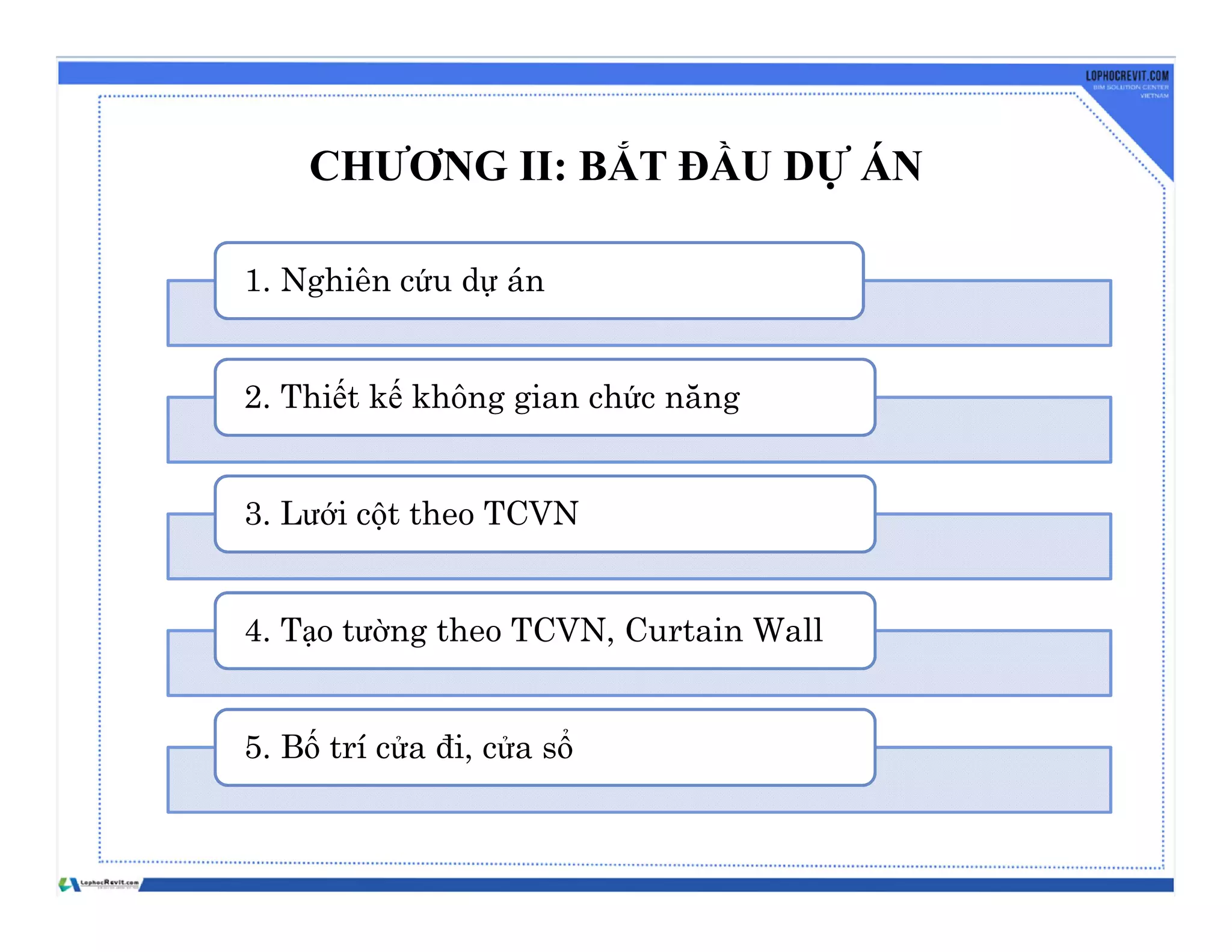 CHƯƠNG II: BẮT ĐẦU DỰ ÁN
1. Nghiên cứu dự án
2. Thiết kế không gian chức năng
3. Lưới cột theo TCVN
4. Tạo tường theo TCVN, Curtain Wall
5. Bố trí cửa đi, cửa sổ
 