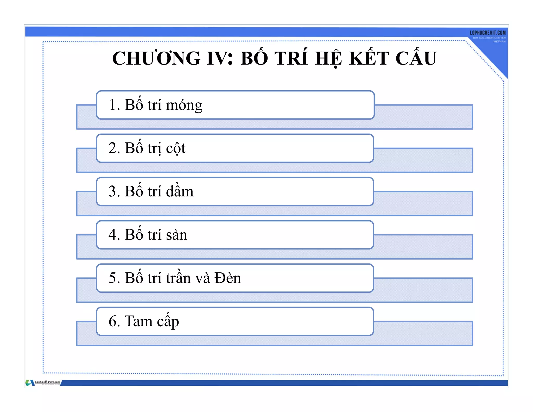 CHƯƠNG IV: BỐ TRÍ HỆ KẾT CẤU
1. Bố trí móng
2. Bố trị cột
3. Bố trí dầm
4. Bố trí sàn
5. Bố trí trần và Đèn
6. Tam cấp
 