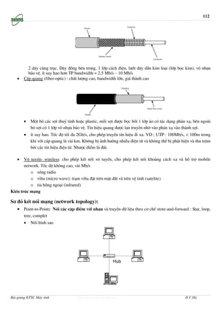 112




         2 d©y cïng trôc. D©y ®ång bªn trong, 1 líp c¸ch ®iÖn, l−íi d©y dÉn kim lo¹i (líp bäc kim), vá nhùa
         b¶o vÖ. Ýt suy hao h¬n TP bandwidth = 2,5 Mb/s – 10 Mb/s
   •   C¸p quang (fiber-optic) : chÊt l−îng cao, bandwidth lín, gi¸ thµnh cao




       •   Mét bã c¸c sîi thuû tinh hoÆc plastic, mçi sîi ®−îc bäc bëi 1 líp ¸o cã t¸c dông ph¶n x¹, bªn ngoµi
           bã sîi cã 1 líp vá nhùa b¶o vÖ. TÝn hiÖu quang ®−îc lan truyÒn nhê vµo ph¶n x¹ vµo thµnh sîi.
       •   Ýt suy hao. Tèc ®é tèi ®a 2Gb/s, cho phÐp truyÒn tÝn hiÖu ®i xa. VD ; UTP : 100Mb/s, < 100m trong
           khi víi c¸p quang lµ vµi km. Kh«ng bÞ ¶nh h−ëng nhiÔu ®iÖn tõ vµ kh«ng thÓ bÞ ph¸t hiÖn vµ thu trém
           bëi c¸c tÝn hiÖu ®iÖn tö. Nh−îc ®iÓm lµ ®¾t.

   •   V« tuyÕn- wireless: cho phÐp kÕt nèi v« tuyÕn, cho phÐp kÕt nèi kho¶ng c¸ch xa vµ hç trî mobile
       network. Tèc ®é kh«ng cao, vµi Mb/s
          o sãng radio
          o viba (micro wave): tr¹m viba ®Æt trªn mÆt ®Êt vµ trªn vÖ tinh (satelite)
          o tia hång ngo¹i (infrared)
KiÕn tróc m¹ng

S¬ ®å kÕt nèi m¹ng (network topology):
   • Point-to-Point: Nèi c¸c cÆp ®iÓm víi nhau vµ truyÒn d÷ liÖu theo c¬ chÕ store-and-forward : Star, loop,
       tree, complet
       •   Nèi h×nh sao




                                                         Hub




Bài giảng KTSC Máy tính             http://www.ebook.edu.vn                                     H.V.Hà
 