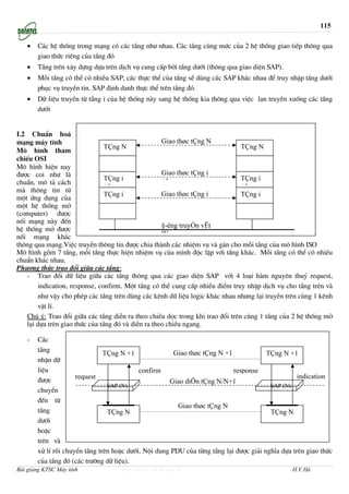 115

   •   C¸c hÖ thèng trong m¹ng cã c¸c tÇng nh− nhau. C¸c tÇng cïng møc cña 2 hÖ thèng giao tiÕp th«ng qua
       giao thøc riªng cña tÇng ®ã
   •   TÇng trªn x©y dùng dùa trªn dÞch vô cung cÊp bëi tÇng d−íi (th«ng qua giao diÖn SAP).
   •   Mçi tÇng cã thÓ cã nhiÒu SAP, c¸c thùc thÓ cña tÇng sÏ dïng c¸c SAP kh¸c nhau ®Ó truy nhËp tÇng d−íi
       phôc vô truyÒn tin. SAP ®Þnh danh thùc thÓ trªn tÇng ®ã.
   •   D÷ liÖu truyÒn tõ tÇng i cña hÖ thèng nµy sang hÖ thèng kia th«ng qua viÖc lan truyÒn xuèng c¸c tÇng
       d−íi


I.2 ChuÈn ho¸
m¹ng m¸y tÝnh                                        Giao thøc tÇng N
                                 TÇng N                                         TÇng N
M« h×nh tham
chiÕu OSI
M« h×nh hiÖn nay
®−îc coi nh− lµ                                      Giao thøc tÇng i
                                 TÇng i              +1                         TÇng i
chuÈn, m« t¶ c¸ch
                                 +1                                             +1
mµ th«ng tin tõ
                                 TÇng i              Giao thøc tÇng i           TÇng i
mét øng dông cña
mét hÖ thèng më
(computer) ®−îc
nèi m¹ng nµy ®Õn
                                                     §-êng truyÒn vËt
hÖ thèng më ®−îc
nèi m¹ng kh¸c                                        lÝ
th«ng qua m¹ng.ViÖc truyÒn th«ng tin ®−îc chia thµnh c¸c nhiÖm vô vµ g¸n cho mçi tÇng cña m« h×nh ISO
M« h×nh gåm 7 tÇng, mçi tÇng thùc hiÖn nhiÖm vô cña m×nh ®éc lËp víi tÇng kh¸c. Mçi tÇng cã thÓ cã nhiÒu
chuÈn kh¸c nhau.
Ph−¬ng thøc trao ®æi gi÷a c¸c tÇng:
    - Trao ®æi d÷ liÖu gi÷a c¸c tÇng th«ng qua c¸c giao diÖn SAP víi 4 lo¹i hµm nguyªn thuû request,
         indication, response, confirm. Mét tÇng cã thÓ cung cÊp nhiÒu ®iÓm truy nhËp dÞch vô cho tÇng trªn vµ
         nh− vËy cho phÐp c¸c tÇng trªn dïng c¸c kªnh d÷ liÖu logic kh¸c nhau nh−ng l¹i truyÒn trªn cïng 1 kªnh
         vËt lÝ.
    Chó ý: Trao ®æi gi÷a c¸c tÇng diÔn ra theo chiÒu däc trong khi trao ®æi trªn cïng 1 tÇng cña 2 hÖ thèng më
    l¹i dùa trªn giao thøc cña tÇng ®ã vµ diÔn ra theo chiÒu ngang.

   -   C¸c
       tÇng                    TÇng N +1               Giao thøc tÇng N +1             TÇng N +1
       nhËn d÷
       liÖu                                confirm                         response
                     request                                                                      indication
       ®−îc                                          Giao diÖn tÇng N/N+1
                                SAP (N)                                                 SAP (N)
       chuyÓn
       ®Õn tõ
                                                        Giao thøc tÇng N
       tÇng                     TÇng N                                                  TÇng N
       d−íi
       hoÆc
       trªn vµ
       xö lÝ råi chuyÓn tÇng trªn hoÆc d−íi. Néi dung PDU cña tõng tÇng l¹i ®−îc gi¶i nghÜa dùa trªn giao thøc
       cña tÇng ®ã (c¸c tr−êng d÷ liÖu).
Bài giảng KTSC Máy tính              http://www.ebook.edu.vn                                    H.V.Hà
 