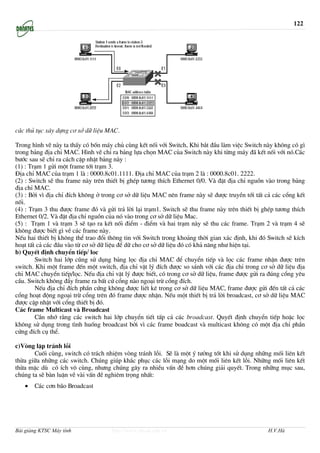 122




c¸c thñ tôc x©y dùng c¬ së d÷ liÖu MAC.

Trong h×nh vÏ nµy ta thÊy cã bèn m¸y chñ cïng kÕt nèi víi Switch, Khi b¾t ®Çu lµm viÖc Switch nµy kh«ng cã g×
trong b¶ng ®Þa chØ MAC. H×nh vÏ chØ ra b¶ng lùa chän MAC cña Switch nµy khi tõng m¸y ®· kÕt nèi víi nã.C¸c
b−íc sau sÏ chØ ra c¸ch cËp nhËt b¶ng nµy :
(1) : Tr¹m 1 göi mét frame tíi tr¹m 3.
§Þa chØ MAC cña tr¹m 1 lµ : 0000.8c01.1111. §Þa chØ MAC cña tr¹m 2 lµ : 0000.8c01. 2222.
(2) : Switch sÏ thu frame nµy trªn thiÕt bÞ ghÐp t−¬ng thÝch Ethernet 0/0. Vµ ®Æt ®Þa chØ nguån vµo trong b¶ng
®Þa chØ MAC.
(3) : Bëi v× ®Þa chØ ®Ých kh«ng ë trong c¬ së d÷ liÖu MAC nªn frame nµy sÏ ®−îc truyÒn tíi tÊt c¶ c¸c cæng kÕt
nèi.
(4) : Tr¹m 3 thu ®−îc frame ®ã vµ göi tr¶ lêi l¹i tr¹m1. Switch sÏ thu frame nµy trªn thiÕt bÞ ghÐp t−¬ng thÝch
Ethernet 0/2. Vµ ®Æt ®Þa chØ nguån cña nã vµo trong c¬ së d÷ liÖu Mac.
(5) : Tr¹m 1 vµ tr¹m 3 sÏ t¹o ra kÕt nèi ®iÓm - ®iÓm vµ hai tr¹m nµy sÏ thu c¸c frame. Tr¹m 2 vµ tr¹m 4 sÏ
kh«ng ®−îc biÕt g× vÒ c¸c frame nµy.
NÕu hai thiÕt bÞ kh«ng thÓ trao ®æi th«ng tin víi Switch trong kho¶ng thêi gian x¸c ®Þnh, khi ®ã Switch sÏ kÝch
ho¹t tÊt c¶ c¸c ®Çu vµo tõ c¬ së d÷ liÖu ®Ó d÷ cho c¬ së d÷ liÖu ®ã cã kh¶ n¨ng nh− hiÖn t¹i.
b) QuyÕt ®Þnh chuyÓn tiÕp/ loc
        Switch hai líp còng sö dông b¶ng läc ®Þa chØ MAC ®Ó chuyÓn tiÕp vµ läc c¸c frame nhËn ®−îc trªn
switch. Khi mét frame ®Õn mét switch, ®Þa chØ vËt lý ®Ých ®−îc so s¸nh víi c¸c ®Þa chØ trong c¬ së d÷ liÖu ®Þa
chØ MAC chuyÓn tiÕp/läc. NÕu ®Þa chØ vËt lý ®−îc biÕt, cã trong c¬ së d÷ liÖu, frame ®−îc göi ra ®óng cæng yªu
cÇu. Switch kh«ng ®Èy frame ra bÊt cø cæng nµo ngo¹i trõ cæng ®Ých.
        NÕu ®Þa chØ ®Ých phÇn cøng kh«ng ®−îc liÕt kª trong c¬ së d÷ liÖu MAC, frame ®−îc göi ®Õn tÊt c¶ c¸c
cæng ho¹t ®éng ngo¹i trõ cæng trªn ®ã frame ®−îc nhËn. NÕu mét thiÕt bÞ tr¶ lêi broadcast, c¬ së d÷ liÖu MAC
®−îc cËp nhËt víi cæng thiÕt bÞ ®ã.
C¸c frame Multicast vµ Broadcast
        CÇn nhí r»ng c¸c switch hai líp chuyÓn tiÕt tÊp c¶ c¸c broadcast. QuyÕt ®Þnh chuyÓn tiÕp hoÆc läc
kh«ng sö dông trong t×nh huèng broadcast bëi v× c¸c frame boadcast vµ multicast kh«ng cã mét ®Þa chØ phÇn
cøng ®Ých cô thÓ.

c)Vßng lÆp tr¸nh lçi
       Cuèi cïng, switch cã tr¸ch nhiÖm vßng tr¸nh lçi. SÏ lµ mét ý t−ëng tèt khi sö dông nh÷ng mèi liªn kÕt
thõa gi÷a nh÷ng c¸c switch. Chóng gióp kh¾c phôc c¸c lçi m¹ng do mét mèi liªn kÕt lçi. Nh÷ng mèi liªn kÕt
thõa mÆc dï cã Ých v« cïng, nh−ng chóng g©y ra nhiÒu vÊn ®Ò h¬n chóng gi¶i quyÕt. Trong nh÷ng môc sau,
chóng ta sÏ bµn luËn vÒ vµi vÊn ®Ò nghiªm träng nhÊt:
   •   C¸c c¬n b·o Broadcast




Bài giảng KTSC Máy tính              http://www.ebook.edu.vn                                    H.V.Hà
 