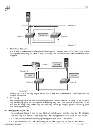 123




   •       NhiÒu frame ®−îc copy
           VÊn ®Ò kh¸c lµ mét thiÕt bÞ cã thÓ nhËn nhiÒu b¶n copy cña cïng mét frame bëi v× frame cã thÓ ®Õn tõ
           c¸c ®o¹n kh¸c nhau cïng lóc. H×nh vÏ d−íi chØ ra b»ng c¸ch nµo nhiÒu frame cã thÓ ®Õn tõ nhiÒu ®o¹n
           ®ång thêi.




           B¶ng läc ®Þa chØ MAC sÏ lóng tóng vÒ n¬i mét thiÕt bÞ ®−îc ®Þnh vÞ bëi v× switch cã thÓ nhËn frame cña
           h¬n mét mèi liªn kÕt.
   •       §a vßng lÆp
           Mét trong nh÷ng vÊn ®Ò lín nhÊt lµ nhiÒu vßng ph¸t sinh kh¾p n¬i mét liªn kÕt m¹ng. C¸i nµy cã nghÜa
           r»ng nh÷ng vßng lÆp cã thÓ xuÊt hiÖn bªn trong nh÷ng vßng kh¸c. NÕu mét c¬n b·o broadcast khi ®ã
           xuÊt hiÖn, th× m¹ng kh«ng cã kh¶ n¨ng thùc hiÖn ®ãng chuyÓn gãi. §Ó gi¶i quyÕt ba vÊn ®Ò nµy, giao
           thøc Spanning Tree ra ®êi.

III. 4 M¹ng côc bé ¶o (VLAN)
      • Lµ mét ph−¬ng thøc ®Ó tæ chøc c¸c tr¹m thµnh mét miÒn logic hay miÒn ¶o, cã thÓ thay ®æi mét c¸ch
         linh ho¹t b»ng phÇn mÒm. C¸c tr¹m thuéc c¸c VLAN kh«ng phô thuéc vµo vÞ trÝ kÕt nèi vËt lÝ cña nã
       •    C¸c cæng cña switch nèi c¸c tr¹m ®−îc g¸n b»ng phÇn mÒm cho 1 VLAN nµo ®ã.
       •    C¸c gãi tin broadcast cho 1 VLAN sÏ kh«ng bao giê ®−îc chuyÓn cho c¸c tr¹m cña VLAN kh¸c.
Bài giảng KTSC Máy tính                 http://www.ebook.edu.vn                                    H.V.Hà
 