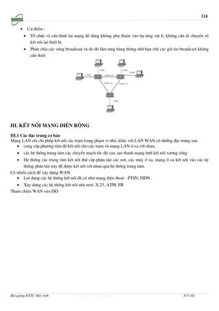 124

       •       ¦u ®iÓm :
           •    Tæ chøc vµ cÊu h×nh l¹i m¹ng dÔ dµng kh«ng phô thuéc vµo h¹ t©ng vËt lÝ, kh«ng cÇn di chuyÓn vµ
                kÕt nèi l¹i thiÕt bÞ
           •    Ph©n chia c¸c vïng broadcast vµ do ®ã lµm t¨ng b¨ng th«ng nhê h¹n chÕ c¸c gãi tin broadcast kh«ng
                cÇn thiÕt




III. KÕt nèi m¹ng diÖn réng
III.1 C¸c ®Æc tr−ng c¬ b¶n
M¹ng LAN chØ chi phÐp kÕt nèi c¸c tr¹m trong ph¹m vi nhá, kh¸c víi LAN WAN cã nh÷ng ®Æc tr−ng sau.
    • cung cÊp ph−¬ng tiÖn ®Ó kÕt nèi cho c¸c tr¹m vµ m¹ng LAN ë xa víi nhau.
   •       c¸c hÖ thèng trung t©m c¸c chuyÓn m¹ch tèc ®é cao, t¹o thanh m¹ng l−íi kÕt nèi x−¬ng sèng
   •   HÖ thèng c¸c trung t©m kÕt nèi thø cÊp ph©n t¸n c¸c n¬i, c¸c m¸y ë xa, m¹ng ë xa kÕt nèi vµo c¸c hÖ
       thèng ph©n t¸n nµy ®Ó ®−îc kÕt nèi víi nhau qua hÖ thèng trung t©m.
Cã nhiÒu c¸ch ®Ó x©y dùng WAN:
   • Lîi dông c¸c hÖ thèng kÕt nèi ®· cã nh− m¹ng ®iÖn tho¹i : PTSN, ISDN .
   • X©y dùng c¸c hÖ thèng kÕt nèi nÒn m¬Ý: X.25, ATM, FR
Tham chiÕu WAN vµo ISO




Bài giảng KTSC Máy tính                  http://www.ebook.edu.vn                                   H.V.Hà
 
