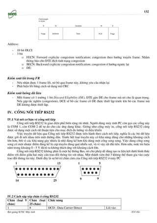 132




Address:
   -   10 bit DLCI
   -   3 bit
           o FECN: Forward explicite congestion notification: congestion theo h−íng truyÒn frame. Nh»m
               th«ng b¸o cho DTE ®Ých t×nh tr¹ng congestion
           o BECN: Backward explicite congestion notification: congestion ë h−íng ng−îc l¹i
           o DE:


KiÓm so¸t lçi trong FR
   -   NÕu nhËn ®−îc 1 frame lçi, nã bá qua frame nµy, kh«ng yªu cÇu nhËn l¹i
   -   Ph¸t hiÖn lçi b»ng c¸ch sö dông m· CRC

KiÓm so¸t luång d÷ liÖu
   -   Mçi frame cã 1 tr−êng 1 bit Discard Eligibility (DE), DTE g¸n DE cho frame mµ nã cho lµ quan träng.
       NÕu gÆp t¾c nghÏn (congestion), DCE sÏ bá c¸c frame cã DE ®−îc thiÕt lËp tr−íc khi bá c¸c frame mµ
       DE kh«ng ®−îc thiÕt lËp.

IV. Cæng nèi tiÕp RS232
IV.1 Vµi nÐt c¬ b¶n vÒ cæng nèi tiÕp
        Cæng nèi tiÕp RS232 lµ giao diÖn phæ biÕn réng r·i nhÊt. Ng−êi dïng m¸y tÝnh PC cßn gäi c¸c cæng nµy
lµ COM 1, cßn COM 2 ®Ó tù do cho c¸c øng dông kh¸c. Gièng nh− cæng m¸y in, cæng nèi tiÕp RS232 còng
®−îc sö dông mét c¸ch rÊt thuËn tiÖn cho môc ®Ých ®o l−êng vµ ®iÒu khiÓn
        ViÖc truyÒn d÷ liÖu qua Cæng nèi tiÕp RS232 ®−îc tiÕn hµnh theo c¸ch nèi tiÕp, nghÜa lµ c¸c bit d÷ liÖu
®−îc gëi ®i nèi nhau trªn mét ®−êng dÉn. Tr−íc hÕt lo¹i truyÒn nµy cã kh¶ n¨ng dïng cho nh÷ng kho¶ng c¸ch
lín h¬n, bëi v× c¸c kh¶ n¨ng g©y nhiÕu lµ nhá ®¸ng kÓ h¬n khi dïng mét cæng song song. ViÖc dïng cæng song
song cã mét nh−îc ®iÓm ®¸ng kÓ lµ c¸p truyÒn dïng qu¸ nhiÒu sîi, vµ v× vËy rÊt ®¾t tiÒn. H¬n n÷a, møc tÝn hiÖu
n»m trong kho¶ng 0 - 5 V ®· tá ra kh«ng thÝch øng víi kho¶ng c¸ch lín.
        Cæng nèi tiÕp RS232 kh«ng ph¶i lµ mét hÖ thèng Bus, nã cho phÐp dÔ dµng t¹o ra liªn kÕt d−íi h×nh thøc
®iÓm víi ®iÓm gi÷a hai m¸y cÇn trao ®æi th«ng tin víi nhau. Mét thµnh viªn thø 3 kh«ng thÓ tham gia vµo cuéc
trao ®æi th«ng tin nµy. D−íi ®©y lµ sù bè trÝ ch©n c¾m cña Cæng nèi tiÕp RS232 ë m¸y PC
       1                                13              1                 5



                                                            6         9
       14                          25




IV.2 C¸ch s¾p xÕp ch©n ë cæng RS232
Ch©n (lo¹i 9 Ch©n (lo¹i Chøc n¨ng
ch©n)          25 ch©n)
1              8             DCD - Data Carrier Detect                        Lèi vµo
Bài giảng KTSC Máy tính              http://www.ebook.edu.vn                                    H.V.Hà
 