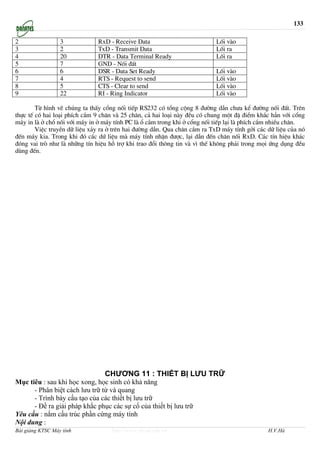 133

2                 3           RxD - Receive Data                          Lèi vµo
3                 2           TxD - Transmit Data                         Lèi ra
4                 20          DTR - Data Terminal Ready                   Lèi ra
5                 7           GND - Nèi ®Êt
6                 6           DSR - Data Set Ready                        Lèi vµo
7                 4           RTS - Request to send                       Lèi vµo
8                 5           CTS - Clear to send                         Lèi vµo
9                 22          RI - Ring Indicator                         Lèi vµo

        Tõ h×nh vÏ chóng ta thÊy cæng nèi tiÕp RS232 cã tæng céng 8 ®−êng dÉn ch−a kÓ ®−êng nèi ®Êt. Trªn
thùc tÕ cã hai lo¹i phÝch c¾m 9 ch©n vµ 25 ch©n, c¶ hai lo¹i nµy ®Òu cã chung mét ®Æ ®iÓm kh¾c h¼n víi cæng
m¸y in lµ ë chæ nèi víi m¸y in ë m¸y tÝnh PC lµ æ c¾m trong khi ë cæng nèi tiÕp l¹i lµ phÝch c¾m nhiÒu ch©n.
        ViÖc truyÒn d÷ liÖu x¶y ra ë trªn hai ®−êng dÉn. Qua ch©n c¾m ra TxD m¸y tÝnh gëi c¸c d÷ liÖu cña nã
®Õn m¸y kia. Trong khi ®ã c¸c dø liÖu mµ m¸y tÝnh nhËn ®−îc, l¹i dÉn ®Õn ch©n nèi RxD. C¸c tÝn hiÖu kh¸c
®ãng vai trß nh− lµ nh÷ng tÝn hiÖu hç trî khi trao ®æi th«ng tin vµ v× thÕ kh«ng ph¶i trong mäi øng dông ®Òu
dïng ®Õn.




                                 CHƯƠNG 11 : THIẾT BỊ LƯU TRỮ
Mục tiêu : sau khi học xong, học sinh có khả năng
      - Phân biệt cách lưu trữ từ và quang
      - Trình bày cấu tạo của các thiết bị lưu trữ
      - Đề ra giải pháp khắc phục các sự cố của thiết bị lưu trữ
Yêu cầu : nắm cấu trúc phần cứng máy tính
Nội dung :
Bài giảng KTSC Máy tính             http://www.ebook.edu.vn                                   H.V.Hà
 