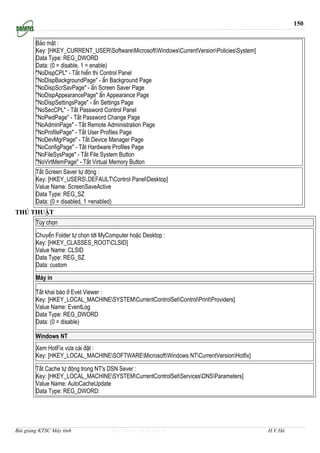 150


        B¶o mËt :
        Key: [HKEY_CURRENT_USERSoftwareMicrosoftWindowsCurrentVersionPoliciesSystem]
        Data Type: REG_DWORD
        Data: (0 = disable, 1 = enable)
        "NoDispCPL" - T¾t hiÓn thÞ Control Panel
        "NoDispBackgroundPage" - Èn Background Page
        "NoDispScrSavPage" - Èn Screen Saver Page
        "NoDispAppearancePage" Èn Appearance Page
        "NoDispSettingsPage" - Èn Settings Page
        "NoSecCPL" - T¾t Password Control Panel
        "NoPwdPage" - T¾t Password Change Page
        "NoAdminPage" - T¾t Remote Administration Page
        "NoProfilePage" - T¾t User Profiles Page
        "NoDevMgrPage" - T¾t Device Manager Page
        "NoConfigPage" - T¾t Hardware Profiles Page
        "NoFileSysPage" - T¾t File System Button
        "NoVirtMemPage" - T¾t Virtual Memory Button
        T¾t Screen Saver tù ®éng :
        Key: [HKEY_USERS.DEFAULTControl PanelDesktop]
        Value Name: ScreenSaveActive
        Data Type: REG_SZ
        Data: (0 = disabled, 1 =enabled)
Thñ thuËt
        Tïy chän
        ChuyÓn Folder tù chän tíi MyComputer hoÆc Desktop :
        Key: [HKEY_CLASSES_ROOTCLSID]
        Value Name: CLSID
        Data Type: REG_SZ
        Data: custom
        M¸y in

        T¾t khai b¸o ë Evet Viewer :
        Key: [HKEY_LOCAL_MACHINESYSTEMCurrentControlSetControlPrintProviders]
        Value Name: EventLog
        Data Type: REG_DWORD
        Data: (0 = disable)

        Windows NT
        Xem HotFix võa cµi ®Æt :
        Key: [HKEY_LOCAL_MACHINESOFTWAREMicrosoftWindows NTCurrentVersionHotfix]

        T¾t Cache tù ®éng trong NT's DSN Sever :
        Key: [HKEY_LOCAL_MACHINESYSTEMCurrentControlSetServicesDNSParameters]
        Value Name: AutoCacheUpdate
        Data Type: REG_DWORD:




Bài giảng KTSC Máy tính               http://www.ebook.edu.vn                                H.V.Hà
 