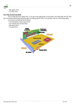 23

       + Bộ nguồn ATX
       + Vỏ máy ATX

IV.2 Yếu tố hình thù NLX
       Yếu tố hình thù NLX phiên bản 1.2 là một trong những đặc tả kích thước mới nhất dành cho PC hiện
đại. NLX được thiết kế đặc biệt thích nghi với những máy PC kiểu “Low profile” (tức là có biên dạng thấp).
       Các yếu tố của hình thù NLX đi kèm
       + Các kích thước của bo mạch NLX
       + Các chổ kết nối của bản mạch
       + Bộ nguồn NLX
       + Vỏ máy NLX




Bài giảng KTSC Máy tính            http://www.ebook.edu.vn                                  H.V.Hà
 