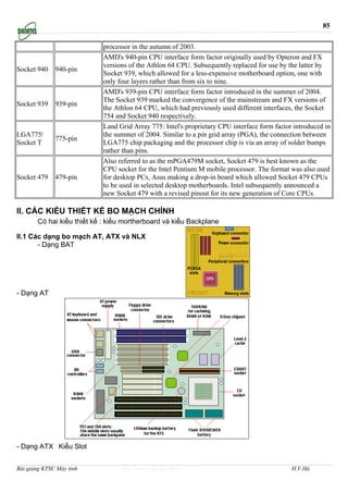 85


                            processor in the autumn of 2003.
                            AMD's 940-pin CPU interface form factor originally used by Opteron and FX
                            versions of the Athlon 64 CPU. Subsequently replaced for use by the latter by
Socket 940    940-pin
                            Socket 939, which allowed for a less-expensive motherboard option, one with
                            only four layers rather than from six to nine.
                            AMD's 939-pin CPU interface form factor introduced in the summer of 2004.
                            The Socket 939 marked the convergence of the mainstream and FX versions of
Socket 939    939-pin
                            the Athlon 64 CPU, which had previously used different interfaces, the Socket
                            754 and Socket 940 respectively.
                            Land Grid Array 775: Intel's proprietary CPU interface form factor introduced in
LGA775/                     the summer of 2004. Similar to a pin grid array (PGA), the connection between
              775-pin
Socket T                    LGA775 chip packaging and the processor chip is via an array of solder bumps
                            rather than pins.
                            Also referred to as the mPGA479M socket, Socket 479 is best known as the
                            CPU socket for the Intel Pentium M mobile processor. The format was also used
Socket 479    479-pin       for desktop PCs, Asus making a drop-in board which allowed Socket 479 CPUs
                            to be used in selected desktop motherboards. Intel subsequently announced a
                            new Socket 479 with a revised pinout for its new generation of Core CPUs.

II. CÁC KIỂU THIẾT KẾ BO MẠCH CHÍNH
       Có hai kiểu thiết kế : kiểu mortherboard và kiểu Backplane

II.1 Các dạng bo mạch AT, ATX và NLX
       - Dạng BAT




- Dạng AT




- Dạng ATX Kiểu Slot


Bài giảng KTSC Máy tính           http://www.ebook.edu.vn                                     H.V.Hà
 