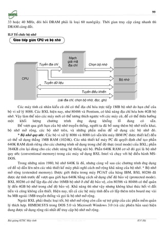 99


33 hoaëc 40 MHz, ñoøi hoûi DRAM phaûi laø loaïi 60 nanoâgiaây. Thôøi gian truy caäp caøng nhanh thì
DRAM caøng ñaét.

II.5 Toå chöùc boä nhôù




        Caùc maùy tính caù nhaân kieåu cuõ chæ coù theå ñòa chæ hoùa tröïc tieáp 1MB boä nhôù do haïn cheá cuûa
boä vi xöû lyù 8088. Caùc BXL hieän nay, nhö 80486 vaø Pentium, coù khaû naêng ñòa chæ hoùa hôn 4GB boä
nhôù. Vaäy laøm theá naøo caùc maùy môùi coù theå töông thích ngöôïc vôùi caùc maùy cuõ, ñeå coù theå thöøa höôûng
moät      khoái      löôïng     chöông        trình    öùng      duïng     khoång      loà    ñang      coù     saün.
        Ñeå vöôït qua giôùi haïn cuûa boä nhôù truyeàn thoáng, ngöôøi ta ñaõ boå sung theâm boä nhôù trieån khai,
boä nhôù môû roäng, caùc boä nhôù treân, vaø nhöõng phaàn meàm ñeå söû duïng caùc boä nhôù ñoù.
        * Boä nhôù quy öôùc. Caùc boä vi xöû lyù 8086 vaø 8088 (coù saün khi maùy IBM PC ñöôïc thieát keá) ñeàu
coù theå söû duïng thaúng 1MB RAM (1024K). Caùc nhaø thieát keá maùy PC ñaõ quyeát ñònh cheá taïo phaàn
640K RAM daønh rieâng cho caùc chöông trình söû duïng trong cheá ñoä thöïc (real mode) cuûa BXL; phaàn
384KB coøn laïi duøng cho caùc chöùc naêng heä thoáng noäi boä. Phaàn 640K RAM cô sôû ñoù goïi laø boä nhôù
quy öôùc (conventional memory) trong caùc maùy söû duïng BXL Intel vaø chaïy vôùi heä ñieàu haønh MS-
DOS.
        Trong nhöõng naêm 1980, boä nhôù 640K laø ñuû, nhöng caøng veà sau caùc chöông trình öùng duïng
cöù ñoà soä daàn leân neân caùc nhaø thieát keá maùy phaûi nghó caùch môû roäng khaû naêng cuûa boä nhôù. * Boä nhôù
môû roäng (extended memory). Ñöôïc giôùi thieäu trong maùy PC/AT cuûa haõng IBM, BXL 80286 ñaõ
ñöôïc döï tính tröôùc ñeå vöôït qua giôùi haïn 640K baèng caùch söû duïng cheá ñoä baûo veä (protected mode).
BXL 80286 coù theå laäp ñòa chæ cho 16MB boä nhôù ôû cheá ñoä baûo veä, coøn 80386 vaø 80486 coù theå quaûn
lyù ñeán 4GB boä nhôù trong cheá ñoä baûo veä. Khaû naêng thì nhö vaäy nhöng khoâng khai thaùc heát vì ñaét
tieàn vaø cuõng khoâng caàn thieát. Hieän nay, taát caû caùc heä maùy tính ñeàu coù laép theâm treân board meï vaøi
ba MB ngoaøi 1MB truyeàn thoáng vaø goïi laø boä nhôù môû roäng.
        Ngoaøi BXL phaûi thuoäc loaïi toát, boä nhôù môû roäng coøn caàn söï trôï giuùp cuûa caùc phaàn meàm quaûn
lyù thích hôïp. HIMEM.SYS trong DOS 5.0 vaø Microsoft Windows 3.0 (vaø caùc phieân baûn sau) hieän
ñang ñöôïc söû duïng roäng raõi nhaát ñeå truy caäp boä nhôù môû roäng.

Bài giảng KTSC Máy tính                http://www.ebook.edu.vn                                        H.V.Hà
 