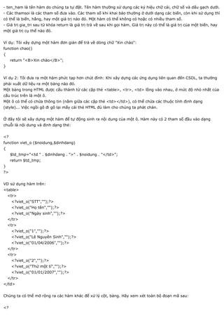 - ten_ham là tên hàm do chúng ta tự đặt. Tên hàm thường sử dụng các ký hiệu chữ cái, chữ số và dấu gạch dưới.
- Các thamsoi là các tham số đưa vào. Các tham số khi khai báo thường ở dưới dạng các biến, còn khi sử dụng thì
có thể là biến, hằng, hay một giá trị nào đó. Một hàm có thể không có hoặc có nhiều tham số.
- Giá trị gia_tri sau từ khóa return là giá trị trả về sau khi gọi hàm. Giá trị này có thể là giá trị của một biến, hay
một giá trị cụ thể nào đó.


Ví dụ: Tôi xây dựng một hàm đơn giản để trả về dòng chữ "Xin chào":
function chao()
{
     return "<B>Xin chào</B>";
}


Ví dụ 2: Tôi đưa ra một hàm phức tạp hơn chút đỉnh: Khi xây dựng các ứng dụng liên quan đến CSDL, ta thường
phải xuất dữ liệu ra một bảng nào đó.
Một bảng trong HTML được cấu thành từ các cặp thẻ <table>, <tr>, <td> lồng vào nhau, ở mức độ nhỏ nhất của
cấu trúc trên là một ô.
Một ô có thể có chứa thông tin (nằm giữa các cặp thẻ <td></td>), có thể chứa các thuộc tính định dạng
(style)... Việc ngồi gõ đi gõ lại mấy cái thẻ HTML đủ làm cho chúng ta phát chán.


Ở đây tôi sẽ xây dựng một hàm để tự động sinh ra nội dung của một ô. Hàm này có 2 tham số đầu vào dạng
chuỗi là nội dung và định dạng thẻ:


<?
function viet_o ($noidung,$dinhdang)
{
     $td_tmp="<td " . $dinhdang . ">" . $noidung . "</td>";
     return $td_tmp;
}
?>


VD sử dụng hàm trên:
<table>
    <tr>
     <?viet_o("STT","");?>
     <?viet_o("Họ tên","");?>
     <?viet_o("Ngày sinh","");?>
    </tr>
    <tr>
     <?viet_o("1","");?>
     <?viet_o("Lê Nguyên Sinh","");?>
     <?viet_o("01/04/2006","");?>
    </tr>
    <tr>
     <?viet_o("2","");?>
     <?viet_o("Thử một tí","");?>
     <?viet_o("01/01/2007","");?>
    </tr>
</td>


Chúng ta có thể mở rộng ra các hàm khác để xử lý cột, bảng. Hãy xem xét toàn bộ đoạn mã sau:


<?
 