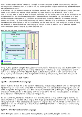 - Dịch vụ vận chuyển (Service Transport): có nhiệm vụ truyền thông điệp giữa các ứng dụng mạng, bao gồm
những giao thức như HTTP, SMTP, FTP, JSM và gần đây nhất là giao thức thay đổi khổi mở rộng (Blocks Extensible
Exchange Protocol- BEEP).
- Thông điệp XML: có nhiệm vụ giải mã các thông điệp theo định dạng XML để có thể hiểu được ở mức ứng dụng
tương tác với người dùng. Hiện tại, những giao thức thực hiện nhiệm vụ này là XML-RPC, SOAP và REST.
- Mô tả dịch vụ: được sử dụng để miêu tả các giao diện chung cho một dịch vụ Web cụ thể. WSDL thường được sử
dụng cho mục đích này, nó là một ngôn ngữ mô tả giao tiếp và thực thi dựa trên XML. Dịch vụ Web sẽ sử dụng
ngôn ngữ này để truyền tham số và các loại dữ liệu cho các thao tác và chức năng mà dịch vụ Web cung cấp.
- Khám phá dịch vụ: tập trung dịch vụ vào trong một nơi được đăng ký, từ đó giúp một dịch vụ Web có thể dễ
dàng khám phá ra những dịch vụ nào đã có trên mạng, tốt hơn trong việc tìm kiếm những dịch vụ khác để tương
tác. Một dịch vụ Web cũng phải tiến hành đăng ký để các dịch vụ khác có thể truy cập và giao tiếp. Hiện tại,
UDDI API thường được sử dụng để thực hiện công việc này.

Kiến trúc sâu hơn được mô tả trong Hình 2:




Trong đó, tầng giao thức tương tác dịch vụ (Service Communication Protocol) với công nghệ chuẩn là SOAP. SOAP
là giao thức nằm giữa tầng vận chuyển và tầng mô tả thông tin về dịch vụ, cho phép người dùng triệu gọi một
dịch vụ từ xa thông qua một thông điệp XML. Ngoài ra, để các dịch vụ có tính an toàn, toàn vẹn và bảo mật
thông tin, trong kiến trúc dịch vụ Web, chúng ta có thêm các tầng Policy, Security, Transaction, Management.

4. Các thành phần của Dịch vụ Web

a) XML – eXtensible Markup Language

Là một chuẩn mở do W3C đưa ra cho cách thức mô tả dữ liệu, nó được sử dụng để định nghĩa các thành phần dữ
liệu trên trang web và cho những tài liệu B2B. Về hình thức, XML hoàn toàn có cấu trúc thẻ giống như ngôn ngữ
HTML nhưng HTML định nghĩa thành phần được hiển thị như thế nào thì XML lại định nghĩa những thành phần đó
chứa cái gì. Với XML, các thẻ có thể được lập trình viên tự tạo ra trên mỗi trang web và được chọn là định dạng
thông điệp chuẩn bởi tính phổ biến và hiệu quả mã nguồn mở.

Do dịch vụ Web là sự kết hợp của nhiều thành phần khác nhau nên nó sử dụng các tính năng và đặc trưng của
các thành phần đó để giao tiếp. XML là công cụ chính để giải quyết vấn đề này và là kiến trúc nền tảng cho việc
xây dựng một dịch vụ Web, tất cả dữ liệu sẽ được chuyển sang định dạng thẻ XML. Khi đó, các thông tin mã hóa
sẽ hoàn toàn phù hợp với các thông tin theo chuẩn của SOAP hoặc XML-RPC và có thể tương tác với nhau trong
một thể thống nhất.

b)WSDL - Web Service Description Language

WSDL định nghĩa cách mô tả dịch vụ Web theo cú pháp tổng quát của XML, bao gồm các thông tin:
 