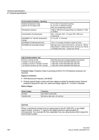 Technical specifications
A.1 General specifications



                   Environmental Conditions - Operating
                   Ambient temperature range                    0° C to 55° C horizontal mounting
                   (Inlet Air 25 mm below unit)                 0° C to 45° C vertical mounting
                                                                95% non-condensing humidity
                   Atmospheric pressure                         1080 to 795 hPa (Corresponding to an altitude of -1000
                                                                to 2000m)
                   Concentration of contaminants                S02: < 0.5 ppm; H2S: < 0.1 ppm; RH < 60% non-
                                                                condensing
                   EN 60068-2-14, Test Nb, temperature          5° C to 55°, 3° C/minute
                   change
                   EN 60068-2-27 Mechanical shock               15 G, 11 ms pulse, 6 shocks in each of 3 axis
                   EN 60068-2-6 Sinusoidal vibration            DIN rail mount: 3.5mm from 5-9 Hz, 1G from 9 - 150 Hz
                                                                Panel Mount: 7.00mm from 5-9 Hz, 2G from 9 to 150 Hz
                                                                10 sweeps each axis, 1 octave per minute




                   High Potential Isolation Test
                   24 V/5 V nominal circuits                    520 VDC (type test of optical isolation boundaries)
                   115/230 V circuits to ground                 1,500 VAC routine test/1950 VDC type test
                   115/230 V circuits to 115/230 V circuits     1,500 VAC routine test/1950 VDC type test
                   115 V/230V circuits to 24 V/5 V circuits     1,500 VAC routine test/3250 VDC type test


                   Protection Class: Protection Class II according to EN 61131-2 (Protective conductor not
                   required)
                   Degree of protection
                   ● IP20 Mechanical Protection, EN 60529
                   ● Protects against finger contact with high voltage as tested by standard probe. External
                     protection required for dust, dirt, water and foreign objects of < 12.5mm in diameter.
                   Rated voltages


                   Rated Voltage                   Tolerance
                   24 VDC                          20.4 VDC to 28.8 VDC
                   120/230 VAC                     85 VAC to 264 VAC, 47 to 63 Hz




                   NOTICE
                   When a mechanical contact turns on output power to the S7-1200 CPU, or any digital
                   signal module, it sends a "1" signal to the digital outputs for approximately 50
                   microseconds. You must plan for this, especially if you are using devices which respond to
                   short duration pulses.




                                                                                                                 Easy Book
100                                                                                        Manual, 05/2009, A5E02486774-01
 