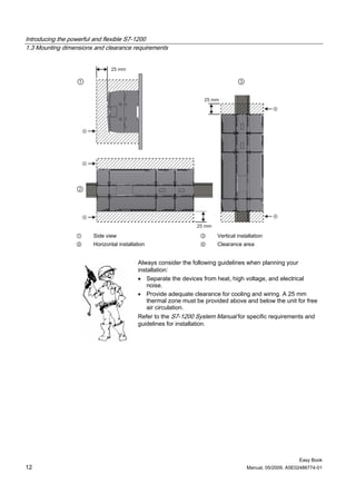 Introducing the powerful and flexible S7-1200
1.3 Mounting dimensions and clearance requirements




                 ①     Side view                                  ③     Vertical installation
                 ②     Horizontal installation                    ④     Clearance area


                                           Always consider the following guidelines when planning your
                                           installation:
                                           • Separate the devices from heat, high voltage, and electrical
                                               noise.
                                           • Provide adequate clearance for cooling and wiring. A 25 mm
                                               thermal zone must be provided above and below the unit for free
                                               air circulation.
                                           Refer to the S7-1200 System Manual for specific requirements and
                                           guidelines for installation.




                                                                                                          Easy Book
12                                                                                   Manual, 05/2009, A5E02486774-01
 