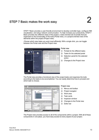STEP 7 Basic makes the work easy                                                                             2
                    STEP 7 Basic provides a user-friendly environment to develop controller logic, configure HMI
                    visualization, and setup network communication. To help increase your productivity, STEP 7
                    Basic provides two different views of the project: a task-oriented set of portals that are
                    organized on the functionality of the tools (Portal view), or a project-oriented view of the
                    elements within the project (Project view).
                    Choose which view helps you work most efficiently. With a single click, you can toggle
                    between the Portal view and the Project view.


                                                                       Portal view
                                                                       ① Portals for the different tasks
                                                                       ② Tasks for the selected portal
                                                                       ③ Selection panel for the selected
                                                                         action
                                                                       ④ Changes to the Project view




                    The Portal view provides a functional view of the project tasks and organizes the tools
                    according to the tasks to be accomplished. You can easily determine how to proceed and
                    which task to choose.


                                                                       Project view
                                                                       ① Menus and toolbar
                                                                       ② Project navigator
                                                                       ③ Work area
                                                                       ④ Task cards
                                                                       ⑤ Inspector window
                                                                       ⑥ Changes to the Portal view
                                                                       ⑦ Editor bar




                    The Project view provides access to all of the components within a project. With all of these
                    components in one place, you have easy access to every aspect of your project.




Easy Book
Manual, 05/2009, A5E02486774-01                                                                                 13
 