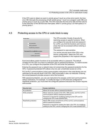 PLC concepts made easy
                                                            4.5 Protecting access to the CPU or code block is easy


                    If the CPU were to detect an event in priority group 3 (such as a time error event), the time-
                    error OB interrupts the processing of both priority group 1 (such as a program cycle OB) and
                    priority group 2 (such as a cyclic OB). The CPU executes the time-error OB and then returns
                    to the execution of the OB that was interrupted, either in priority group 2 (if interrupted) or in
                    priority group 1.




4.5          Protecting access to the CPU or code block is easy

                                                                   The CPU provides 3 levels of security for
                                                                   restricting access to specific functions. When
                                                                   you configure the security level and password
                                                                   for a CPU, you limit the functions and memory
                                                                   areas that can be accessed without entering a
                                                                   password.
                                                                   The password is case sensitive.
                                                                   You set the security level of the CPU in the
                                                                   Device configuration. Select the CPU and
                                                                   expand the properties in the inspector window.

                    Each level allows certain functions to be accessible without a password. The default
                    condition for the CPU is to have no restriction and no password-protection. To restrict access
                    to a CPU, you configure the properties of the CPU and enter the password.
                    Entering the password over a network does not compromise the password protection for the
                    CPU. A password-protected CPU allows only one user unrestricted access at a time.
                    PLC-to-PLC communications (using communication instructions in the code blocks) are not
                    restricted by the security level in the CPU. HMI functionality is also not restricted. Entering
                    the correct password provides access to all of the functions.
                    With password protection, you can use instructions for process control and communications
                    without restrictions. For example: To modify the tags in a CPU that was configured for
                    read/write protection, you must enter the configured password because this function requires
                    write access.


                     Security level                Access restrictions
                     No protection                 Allows full access without password-protection.
                     Write protection              Allows read-only access to the CPU, HMI access, and PLC-to-PLC
                                                   communications without password-protection.
                                                   Password is required for modifying (writing to) the CPU and for
                                                   changing the CPU mode (RUN/STOP).
                     Read/write protection         Allows HMI access and all forms of PLC-to-PLC communications
                                                   without password-protection.
                                                   Password is required for reading the data in the CPU, for modifying
                                                   (writing to) the CPU, and for changing the CPU mode (RUN/STOP).




Easy Book
Manual, 05/2009, A5E02486774-01                                                                                      39
 
