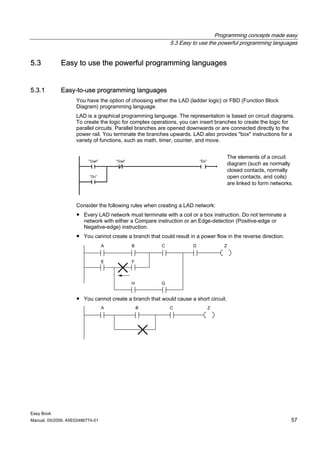 Programming concepts made easy
                                                           5.3 Easy to use the powerful programming languages


5.3          Easy to use the powerful programming languages


5.3.1        Easy-to-use programming languages
                    You have the option of choosing either the LAD (ladder logic) or FBD (Function Block
                    Diagram) programming language.
                    LAD is a graphical programming language. The representation is based on circuit diagrams.
                    To create the logic for complex operations, you can insert branches to create the logic for
                    parallel circuits. Parallel branches are opened downwards or are connected directly to the
                    power rail. You terminate the branches upwards. LAD also provides "box" instructions for a
                    variety of functions, such as math, timer, counter, and move.


                                                                                     The elements of a circuit
                                                                                     diagram (such as normally
                                                                                     closed contacts, normally
                                                                                     open contacts, and coils)
                                                                                     are linked to form networks.



                    Consider the following rules when creating a LAD network:
                    ● Every LAD network must terminate with a coil or a box instruction. Do not terminate a
                      network with either a Compare instruction or an Edge-detection (Positive-edge or
                      Negative-edge) instruction.
                    ● You cannot create a branch that could result in a power flow in the reverse direction.




                    ● You cannot create a branch that would cause a short circuit.




Easy Book
Manual, 05/2009, A5E02486774-01                                                                                 57
 